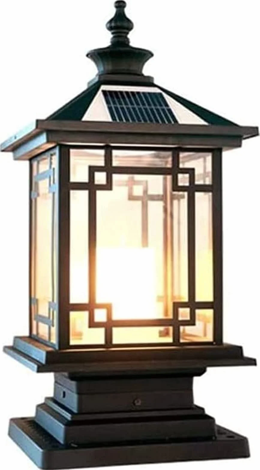 Oświetlenie dziedzińca Kwadratowe lampy solarne LED Wodoodporne IP54 Lampy ogrodowe Słupki ogrodzeniowe Oświetlenie zewnętrzne Tradycyjna czarna brama Ganek Szklana latarnia Kolumna Lampa stołowa