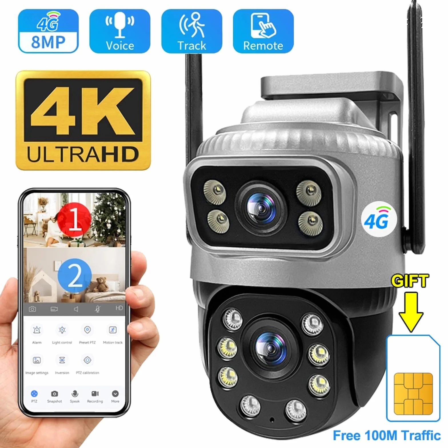 Kamera IP 4G z kartą SIM, podwójny obiektyw, wodoodporny, monitor do monitoringu zewnętrznego, noktowizor, ochrona domu CCTV na magazyn handlowy(Camera 32G Card)