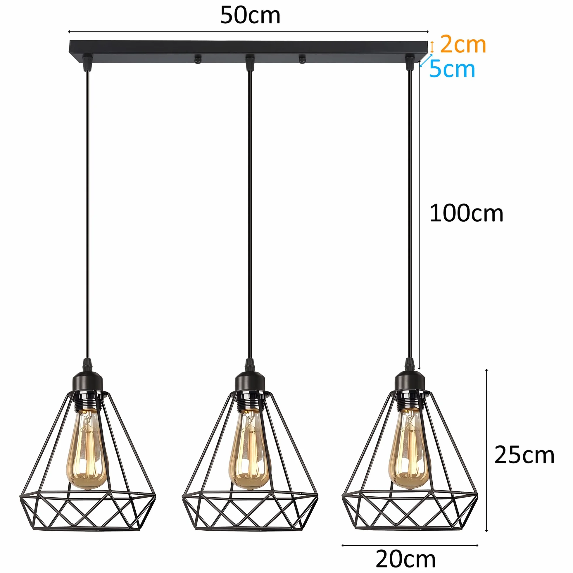 iDEGU Przemysłowa lampa wisząca, 3 światła Vintage E27 żyrandol wiszący w stylu geometrycznym z podstawą montażową - czarny - Ø 20,5 cm (3 światła - 20 cm)