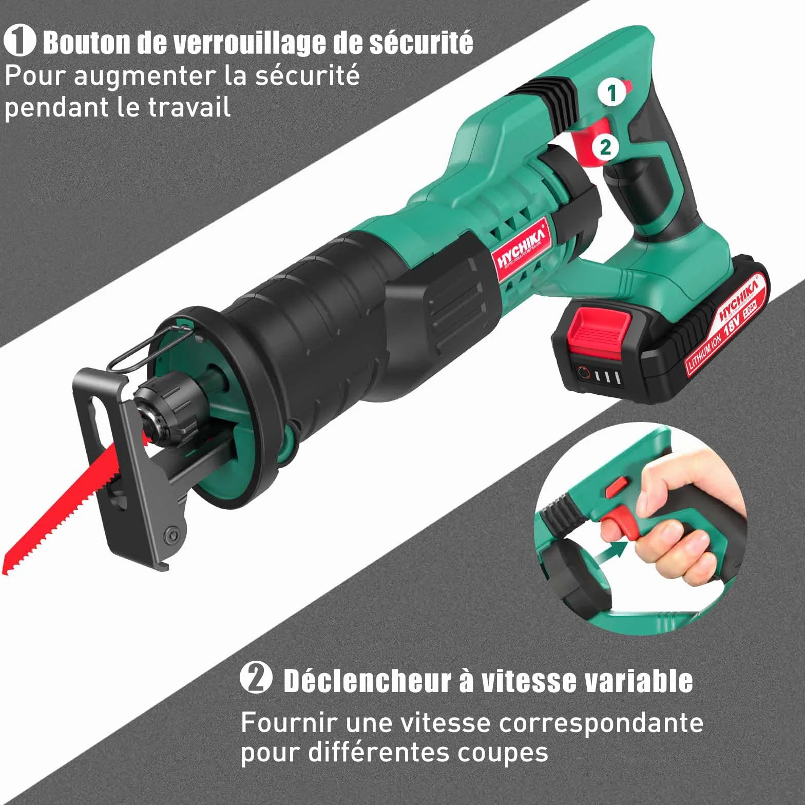 HYCHIKA Piła szablasta, wielofunkcyjna piła uniwersalna 18V z oświetleniem LED, prędkość 0-2800SPM, akumulatory 2x2000 mAh, szybkie ładowanie 1 godzina, idealna do cięcia drewna i metalu
