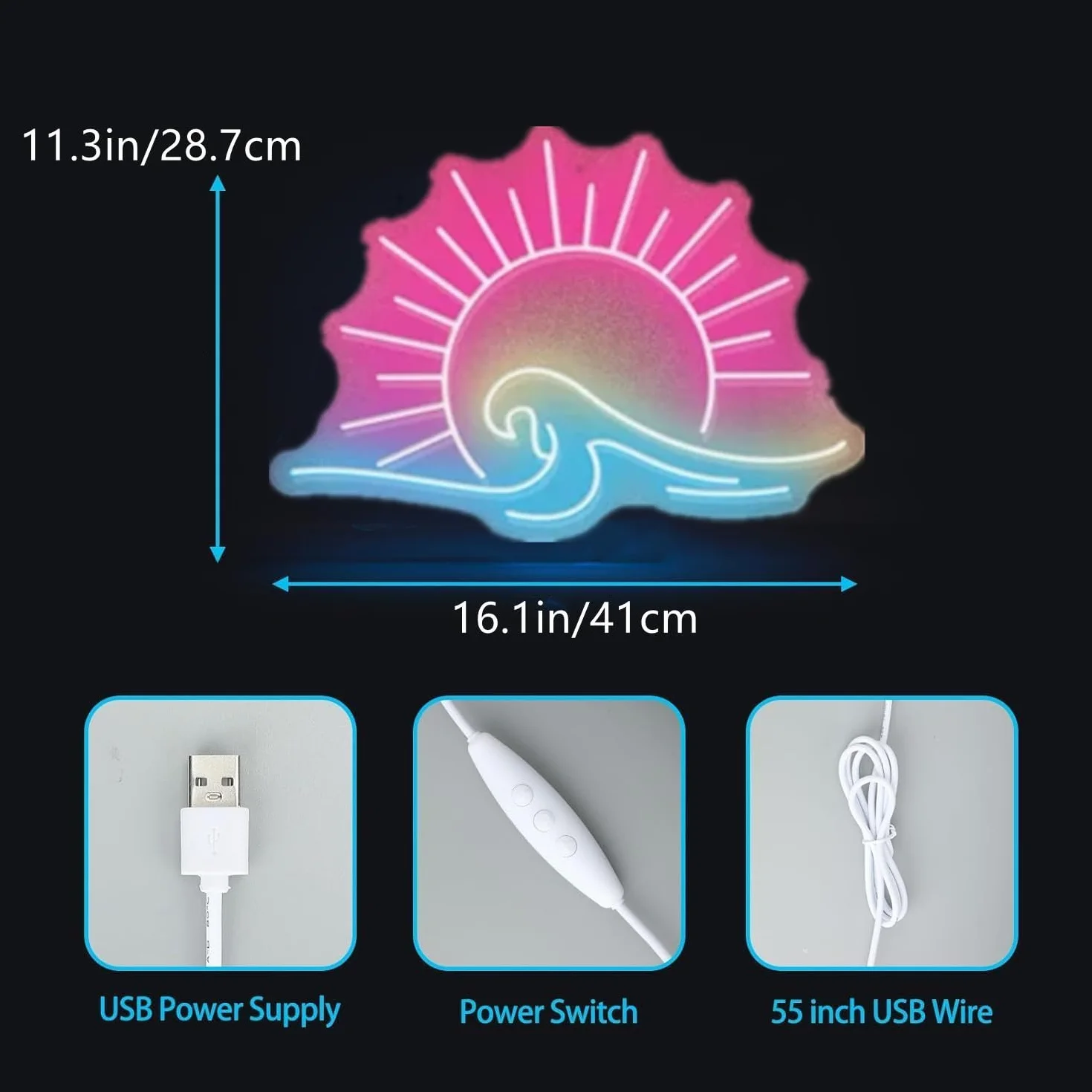 Neonowy znak wschodu słońca z falą LED 43x25 cm z przyciemnianym kontrolerem