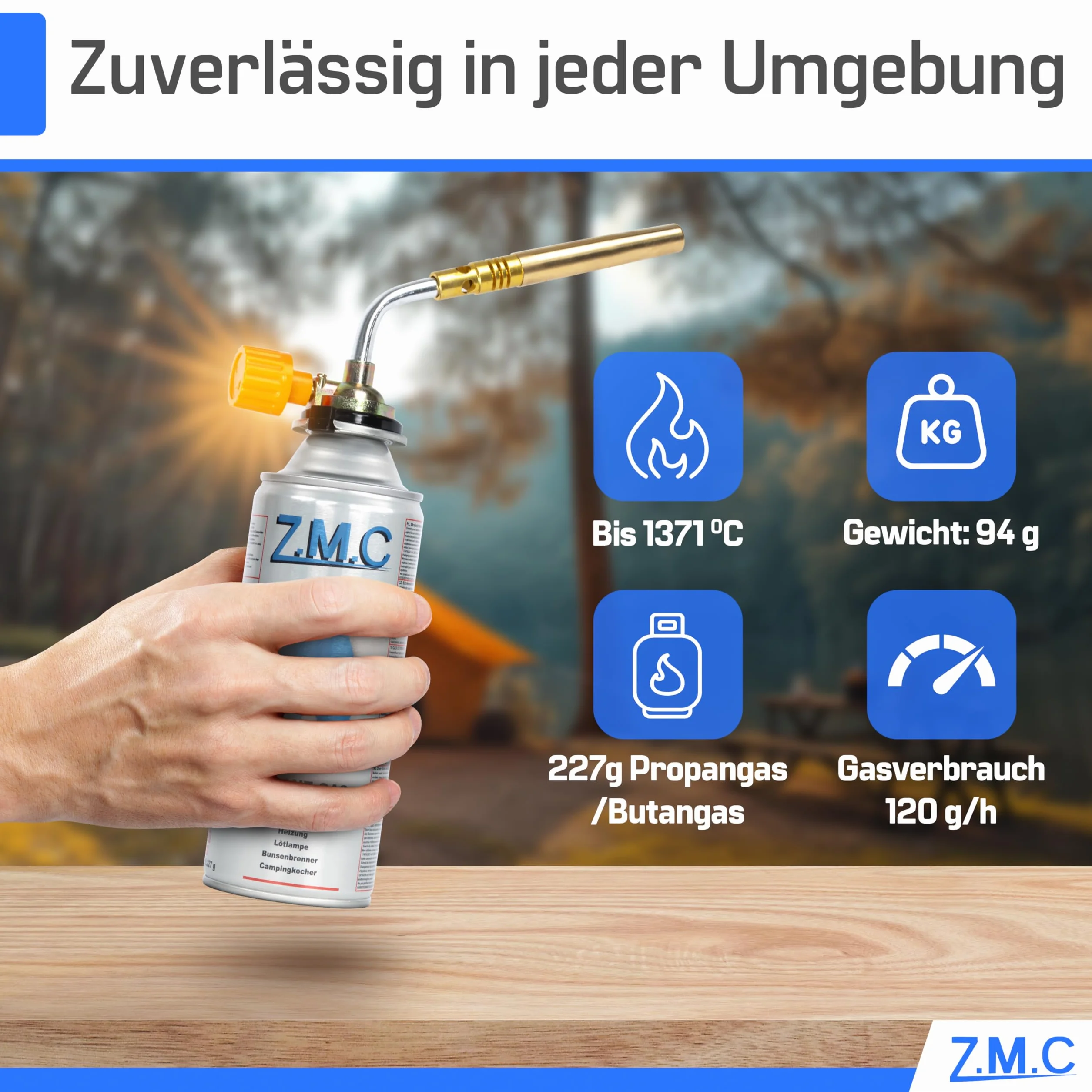 Z.M.C Palnik gazowy 1,65 kW + 16 wkładów gazowych 227 g, palnik lutowniczy do 1371 °C, palnik Bunsena z regulowanym płomieniem, idealny na kemping