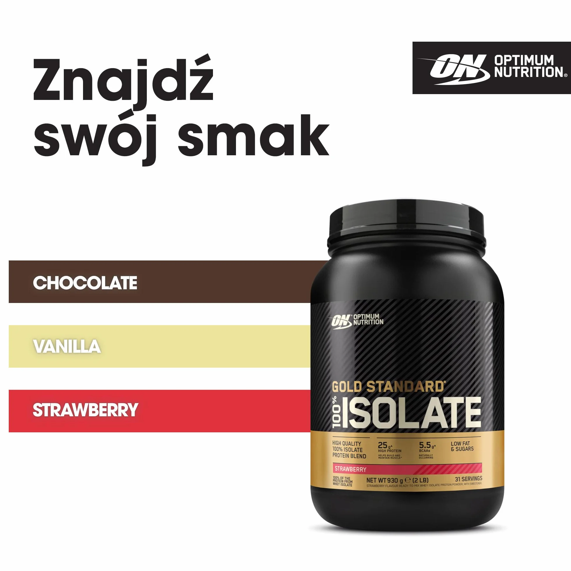 Optimum Nutrition Gold Standard 100% Isolate Izolat Białka Serwatkowego BCAA Glutamina Truskawka 31 Porcji 930 g
