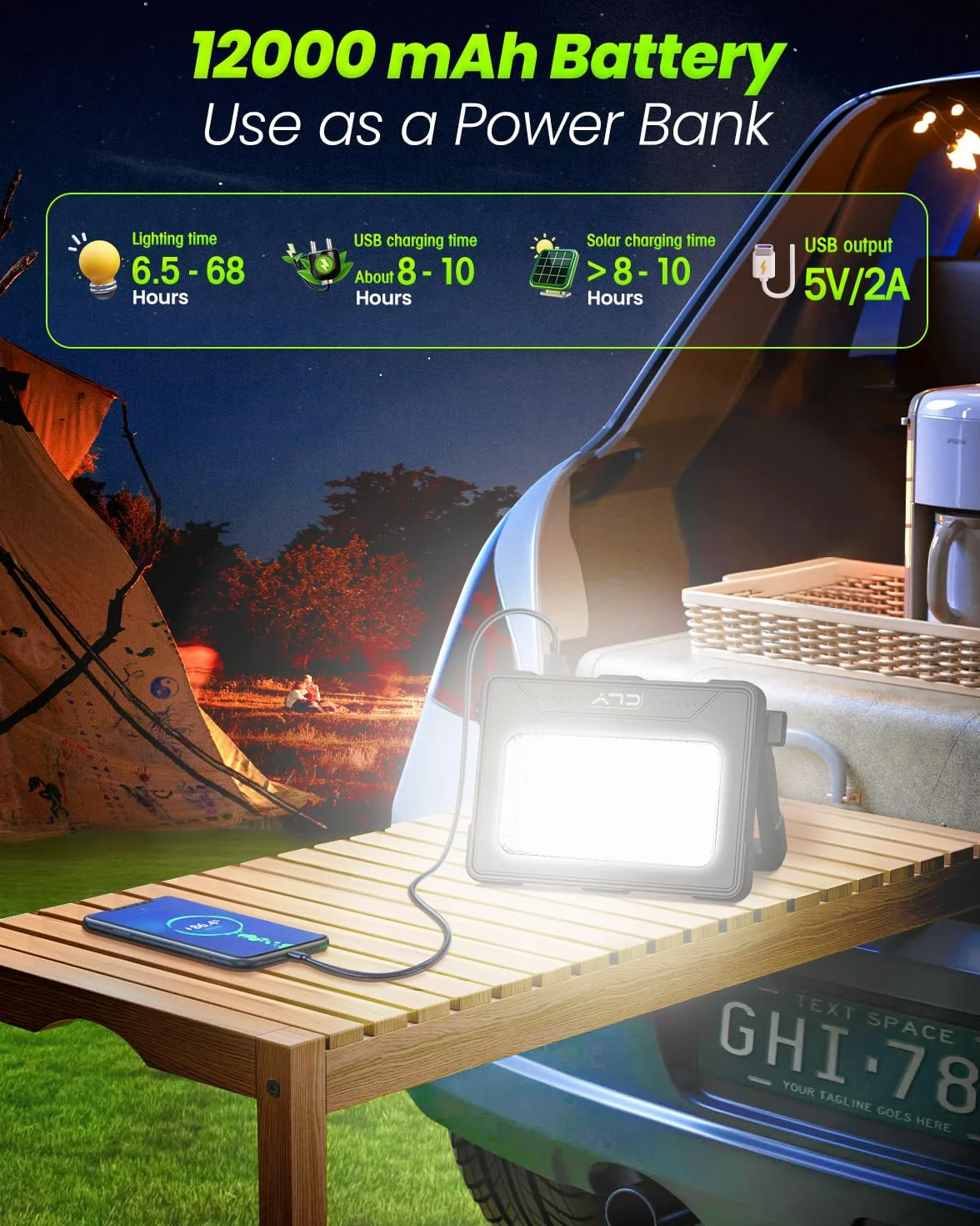 CLV 100W LED reflektor budowlany 12000MAH z akumulatorem LED, lampa robocza, reflektor 4 tryby świecenia, lampa kempingowa przenośna, 5 poziomów jasności, ładowana słonecznie, USB, lampa akumulatorowa