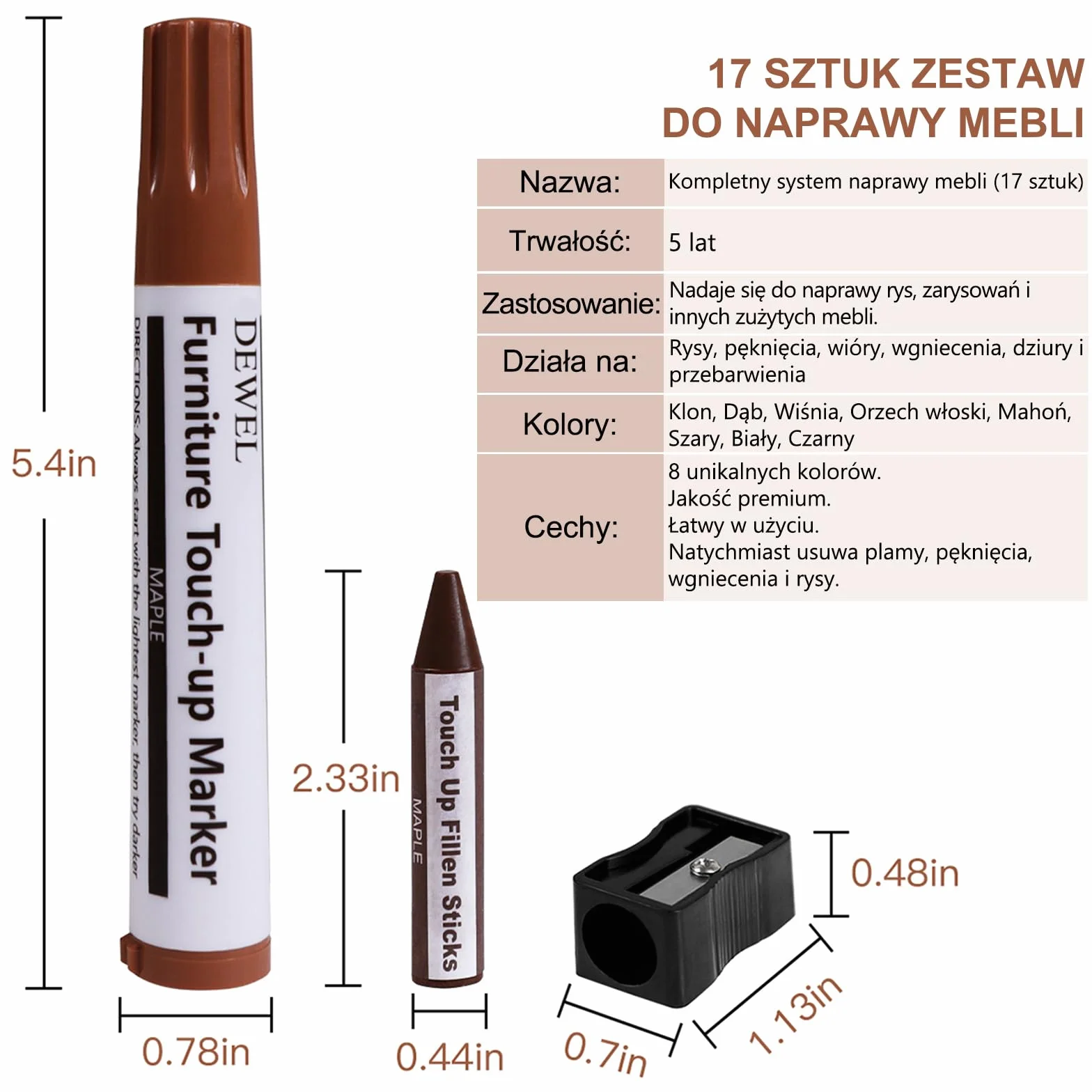 DEWEL Zestaw do naprawy mebli drewnianych – 17 sztuk, markery retuszowe, drewniane patyczki woskowe z temperówką do zadrapań i plam, podłog, szafek