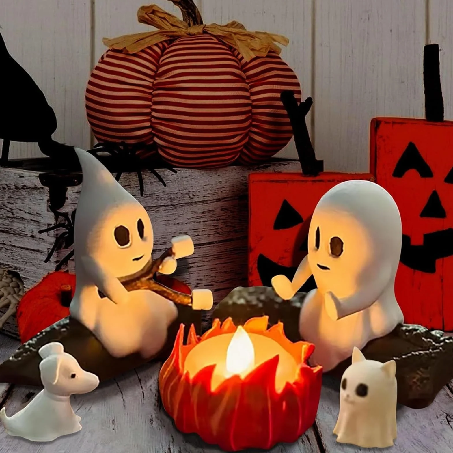 Ghost Campfire lampka nocna, 3D duch, ognisko, migocząca lampka nocna, zabawna dekoracja na Halloween, urocza przytulna upiorna statuetka, lampka nocna do domowego kominka lub biurka (wszystkie)