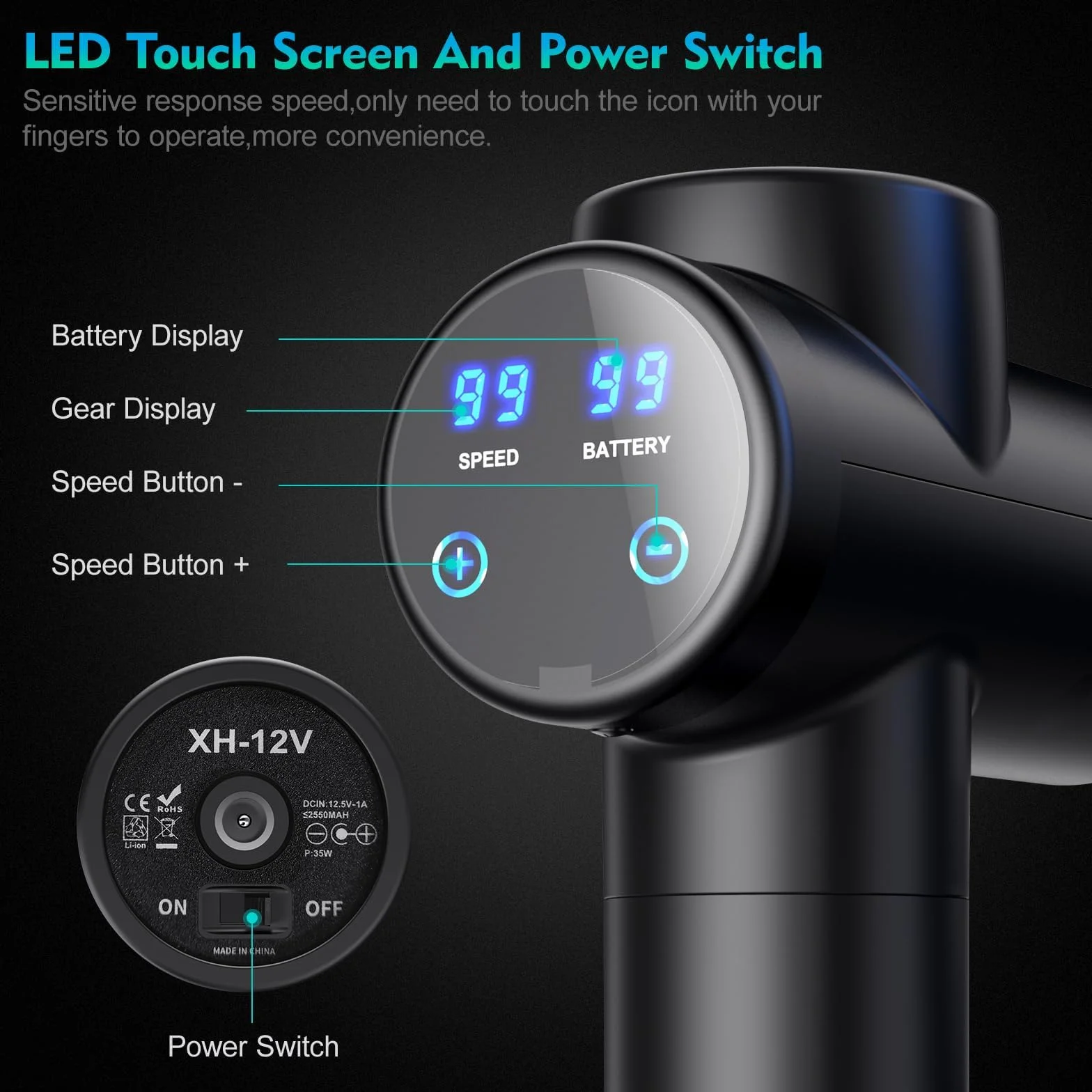 BURNNOVE Pistolet do Masażu z Ekranem LED 99 Prędkości 8 Głowic Bateria 2550 mAh