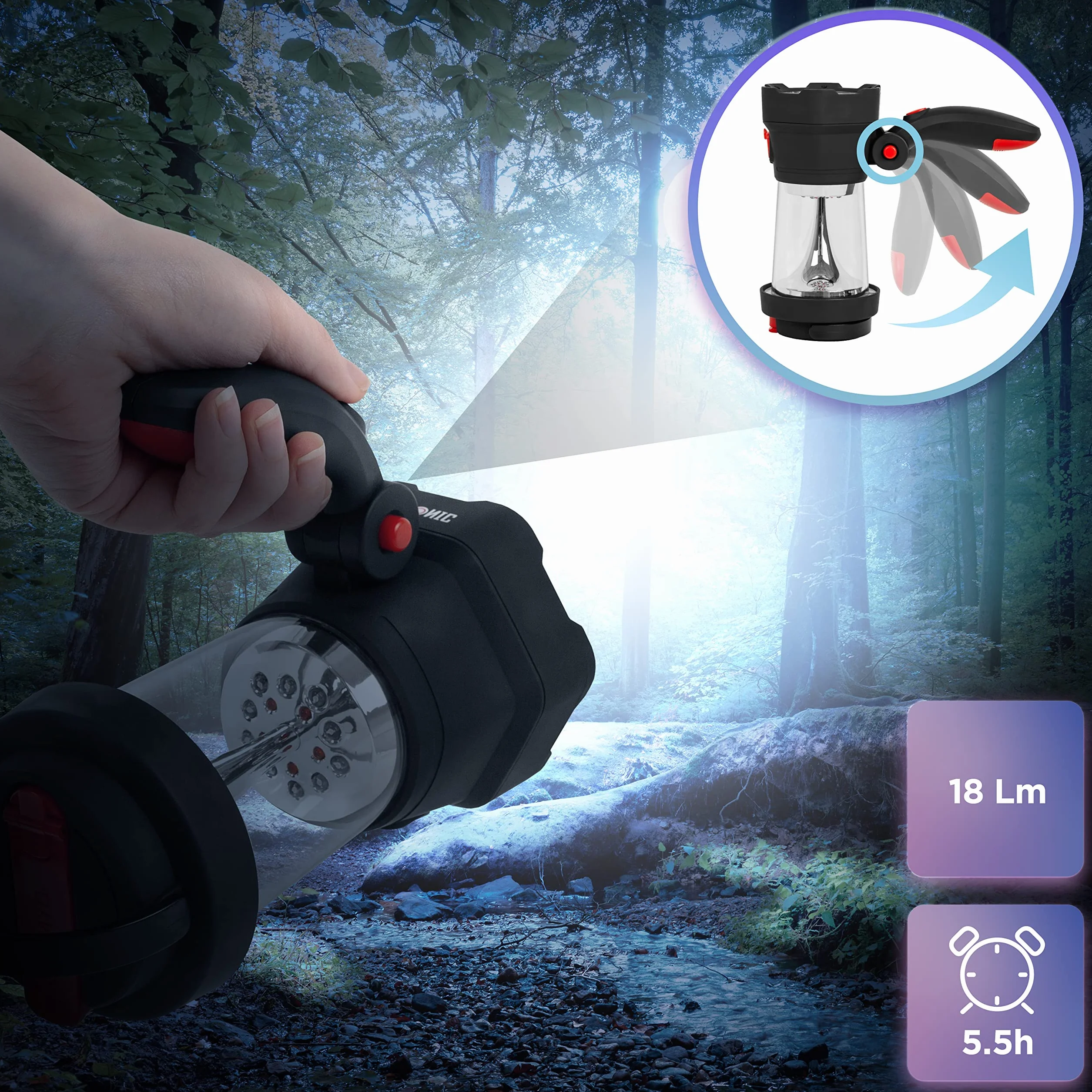 Duronic Hurricane Lampa Turystyczna Dynamo USB SOS | Latarka i Lampa na Biwak | Nie Wymaga Baterii | Ruchoma Rączka i Schowek na Kabel