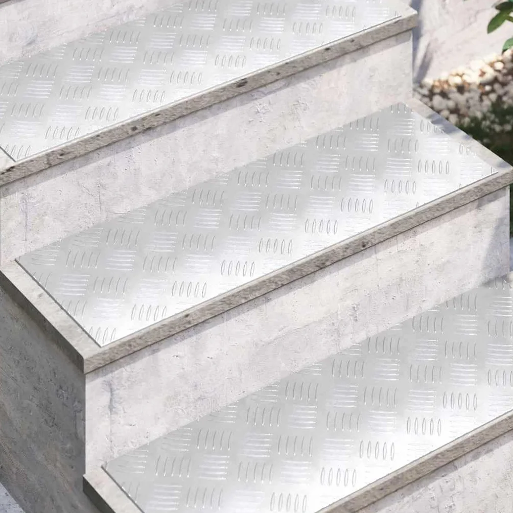 Aluminiowe stopnie schodowe, prostokątne, zestaw 4 szt., srebrne, 75 x 25 cm, antypoślizgowe, trwałe, do użytku wewnątrz i na zewnątrz, ochrona, bezpieczeństwo, łatwe czyszczenie