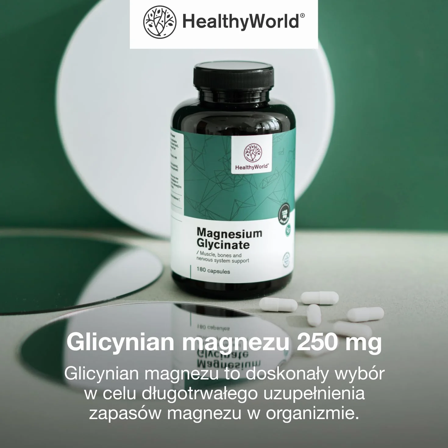 HealthyWorld Glicynian magnezu 250 mg - 180 kapsułek roślinnych - Na wzrost energii i wsparcie mięśni - Trening, kondycja i układ odpornościowy - 125 mg magnezu na kapsułkę - zapas na 3 miesiące