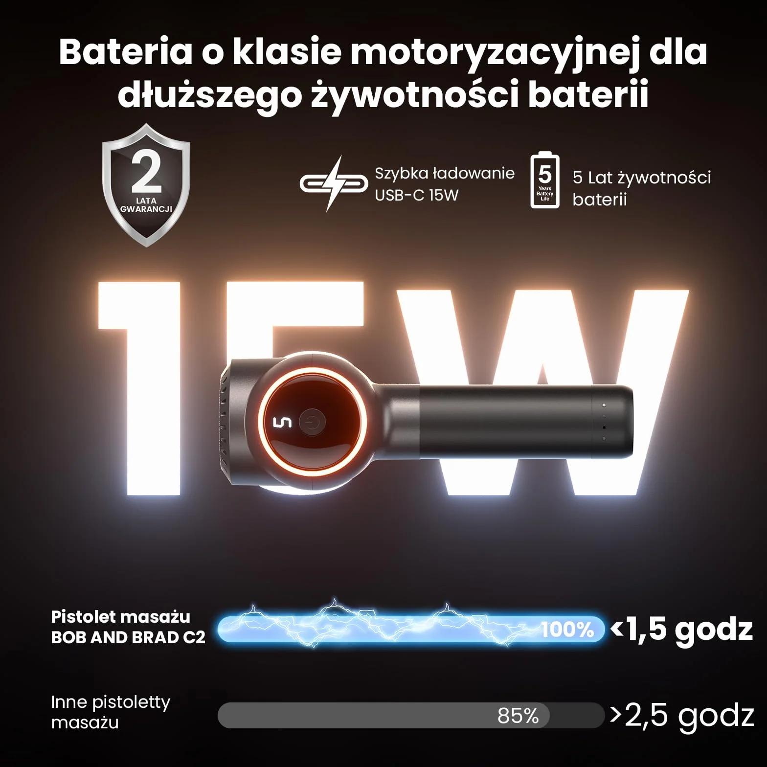 Bob and Brad C2 Pistolet do Masażu, Pistolet do Masażu Tkanki Głębokiej, Masażer Mięśni z 5 Prędkościami i, Do Łagodzenia Bólu i Regeneracji po Treningu w Domu, w Biurze czy na Siłowni, Czarny