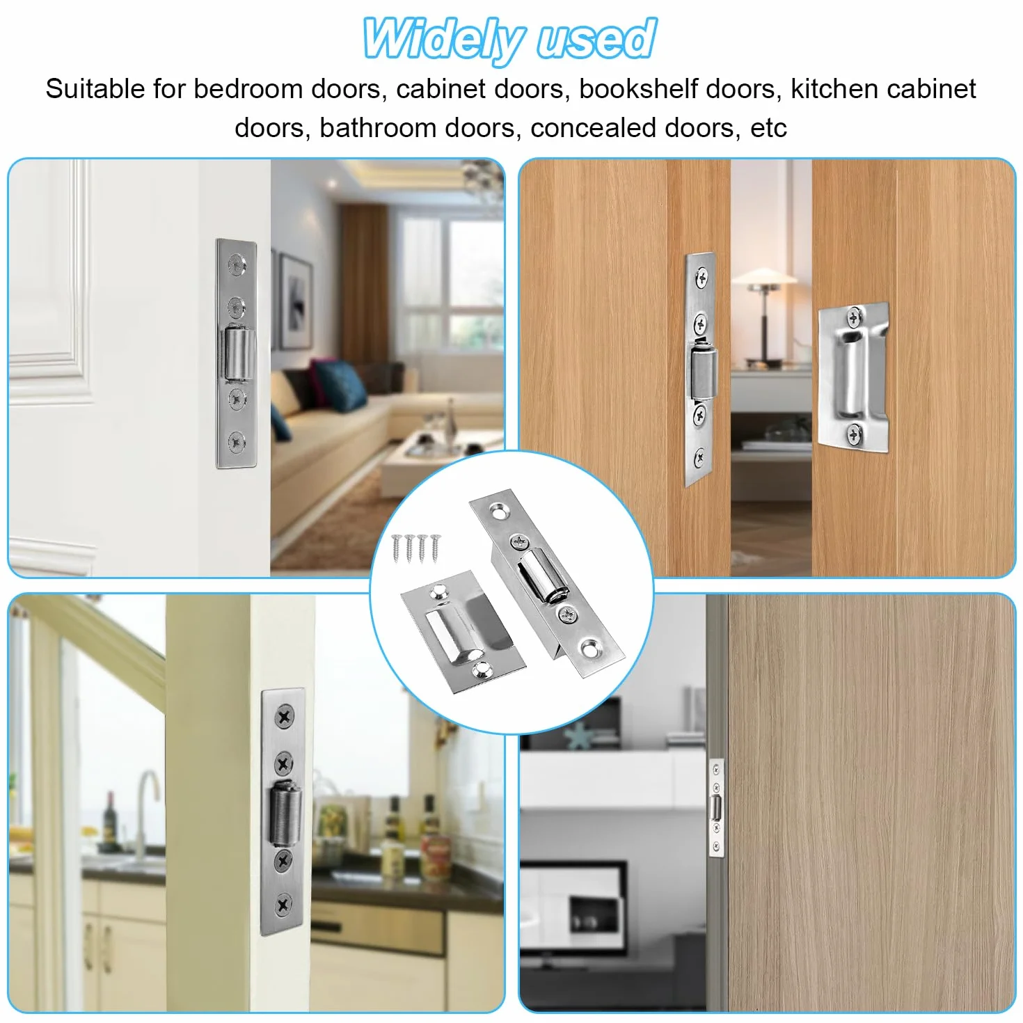 Zatrzaski magnetyczne, 104 sztuki, stal nierdzewna, zapięcie na drzwi balkonowe, regulowany zatrzask rolkowy, do drzwi wejściowych, do szafek kuchennych, sypialni, łazienki, 2 szt