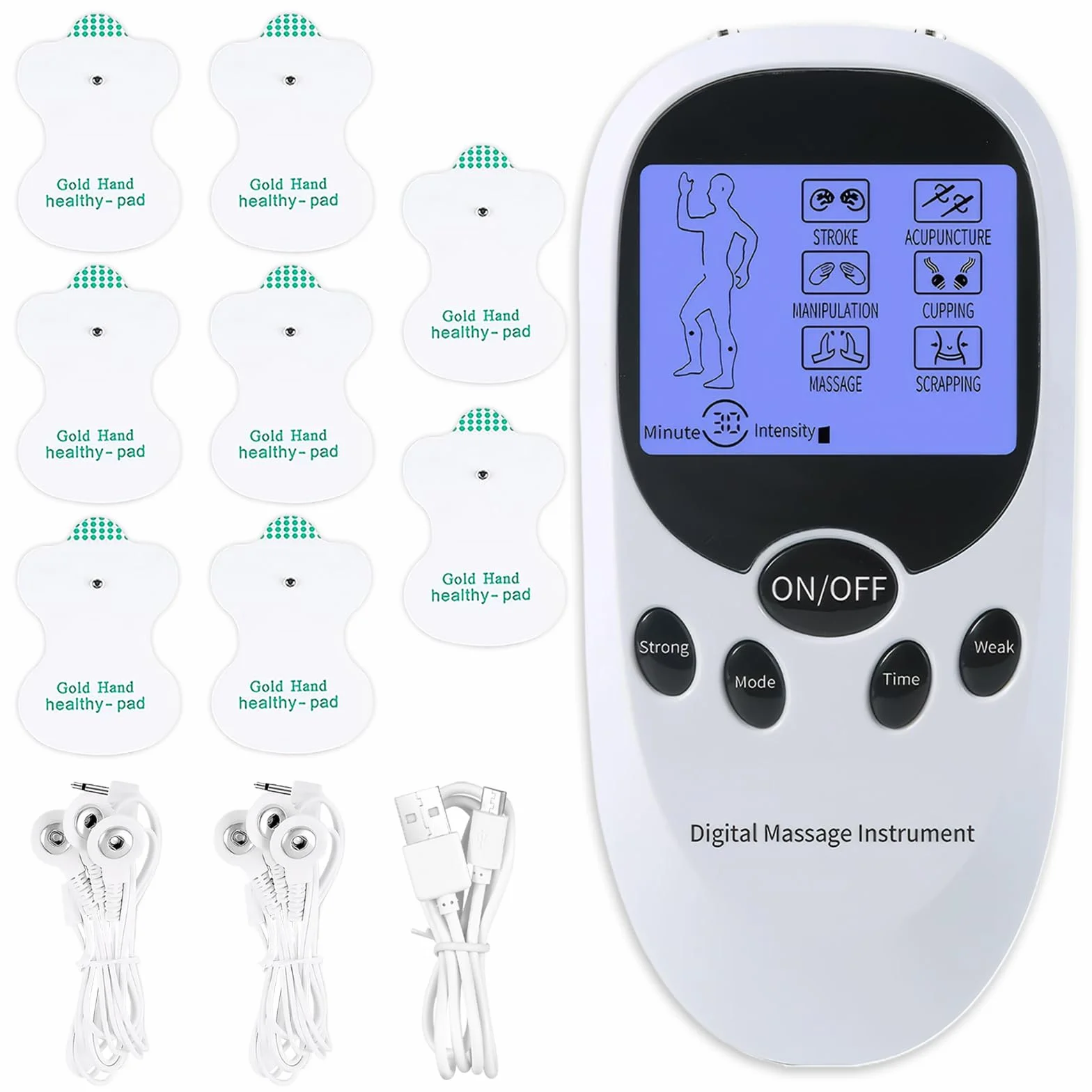 Urządzenie TENS EMS do terapii bólu, stymulator elektryczny 2 kanały, 6 trybów, 11 intensywności, 8 elektrod