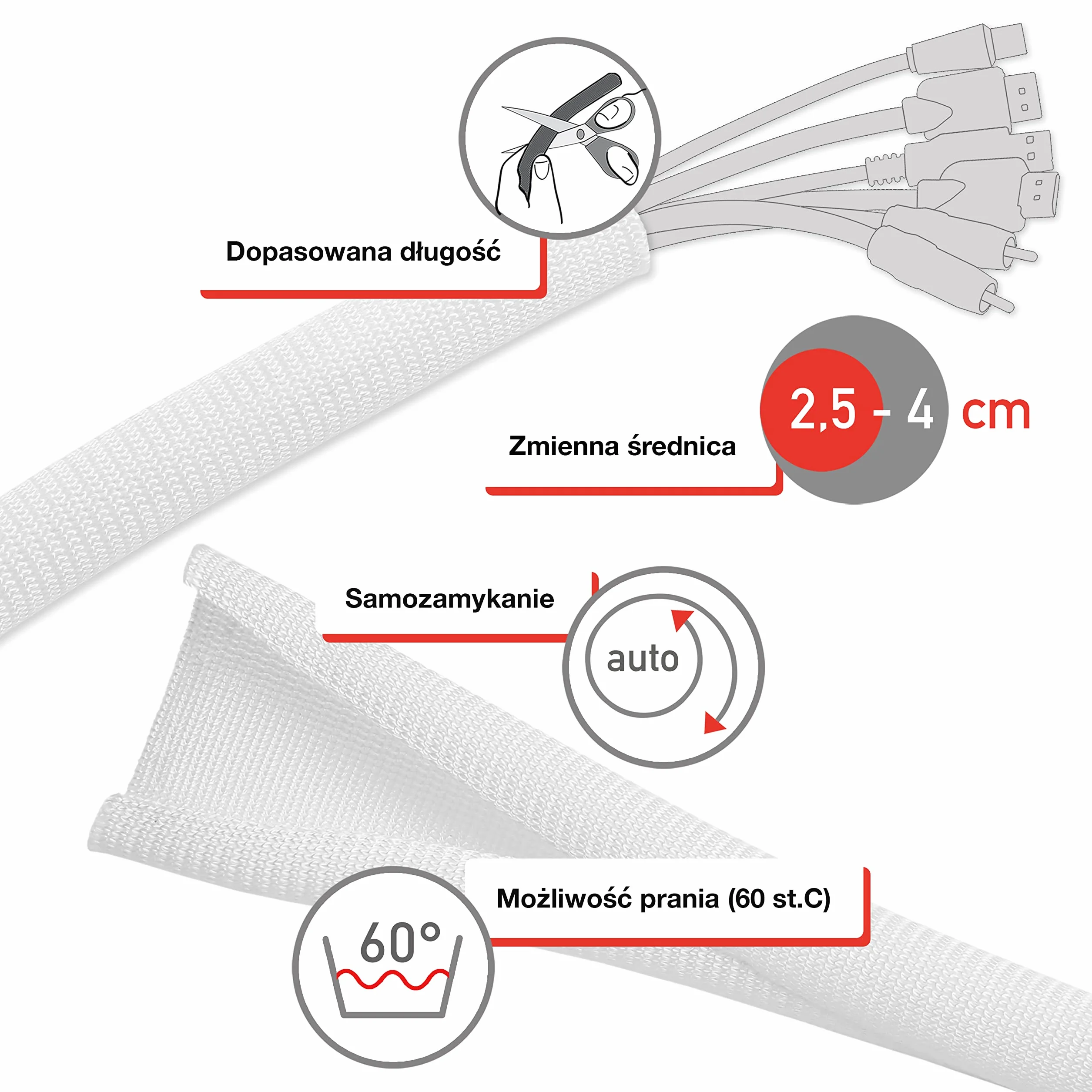 Maskownica na Kable Tuba na Kable Ochrona Kabli Kanał Kablowy Tkana Osłona Samozamykająca - Elastyczna Wytrzymała - LTC CABLE TUBE - 25 m - Biała - PRO 5120