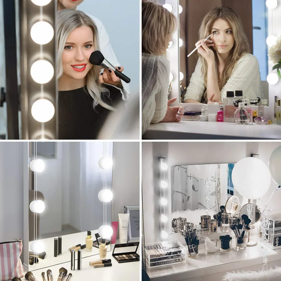 OUSFOT Lampa LED do lustra, styl Hollywood, oświetlenie do makijażu z przełącznikiem, 10 ściemnianych, regulowana długość, zimna biel, opakowanie wielokrotnego użytku (ciepła biel)