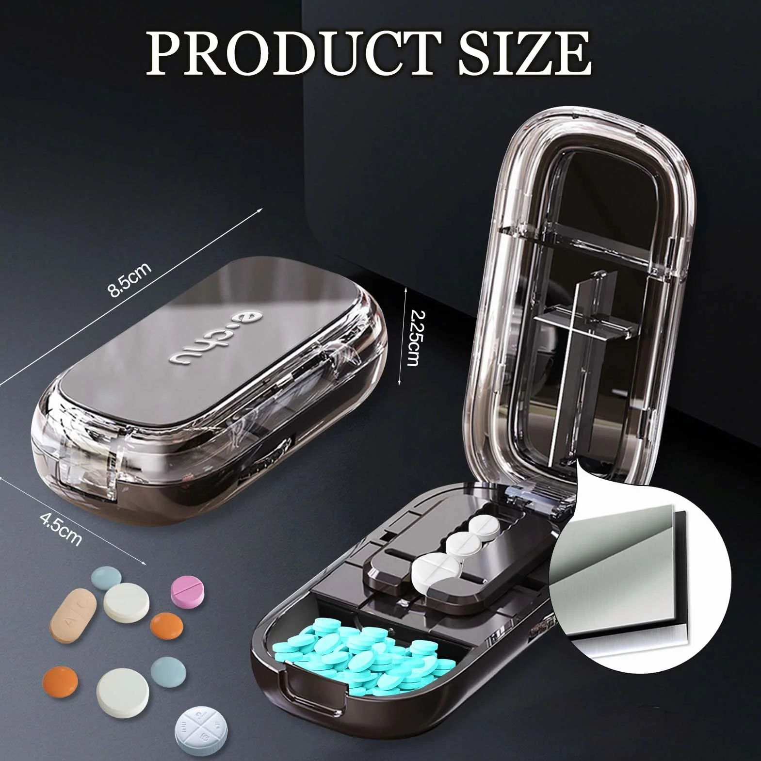 Dzielnik tabletek, nóż do tabletek z przegródką do przechowywania, na małe i duże tabletki, wielokrotne pigułki Pill Cutter, do podróży i zwierząt domowych, dla codziennego użytku (Black)
