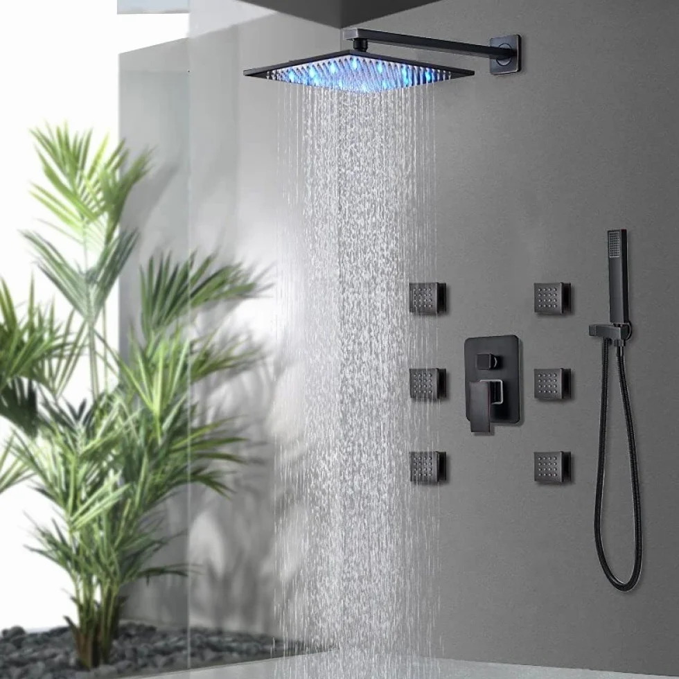 Zestaw baterii prysznicowej LED w kolorze czarnym deszczownica LED 6 dysz masujących SPA 3-drożny mieszacz wody ciepłej i zimnej system prysznicowy do wanny,Zestaw 8-calowy