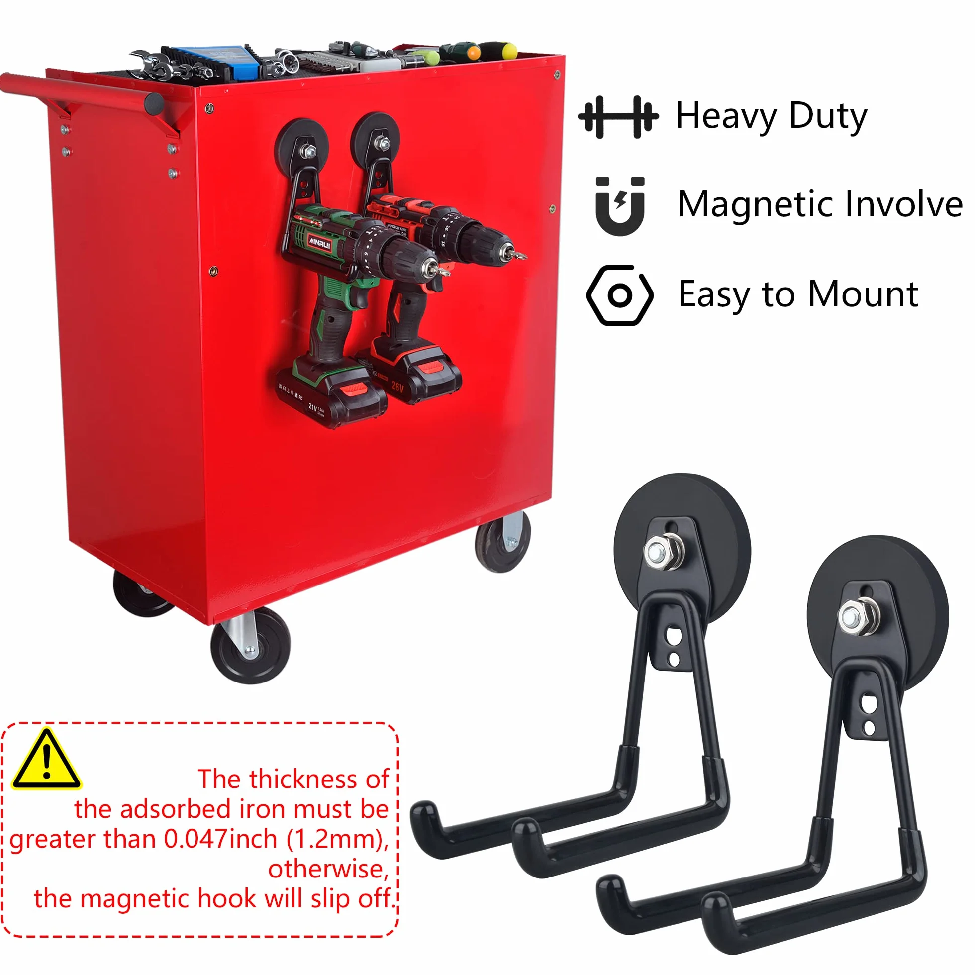 MUTUACTOR Duże haczyki garażowe, 2 sztuki, haki magnetyczne do łożysk Heavy Duty, antypoślizgowe wieszaki garażowe, mocowanie magnetyczne, organizacja garażu, narzędzia ogrodowe, węża, skrzynki na