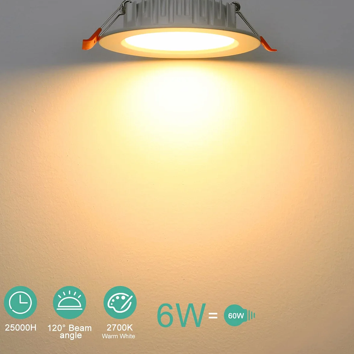 Reflektor do zabudowy LED 230 V ultra płaski 6 W IP44, zestaw 6 reflektorów LED do zabudowy ciepła biel 3000 K IP44, głębokość montażu 26 mm 600 lumenów, Ø 105 mm otwór do zabudowy 75-95 mm