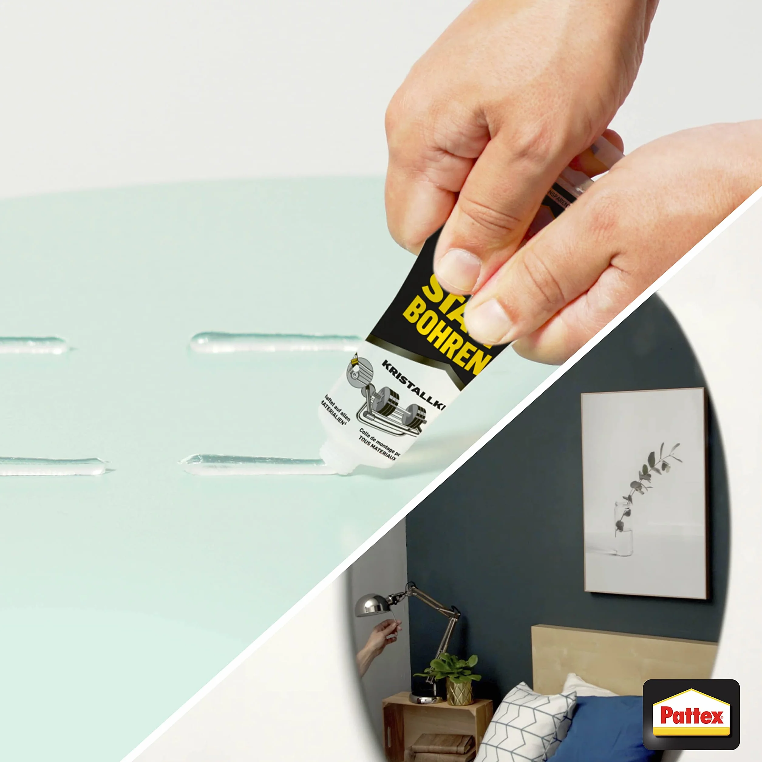 Pattex Gluing instead of drilling, crystal clear, mounting adhesive for crystal clear bonding, building adhesive for all materials, universal adhesive for indoor and outdoor use, 1 x 90 g