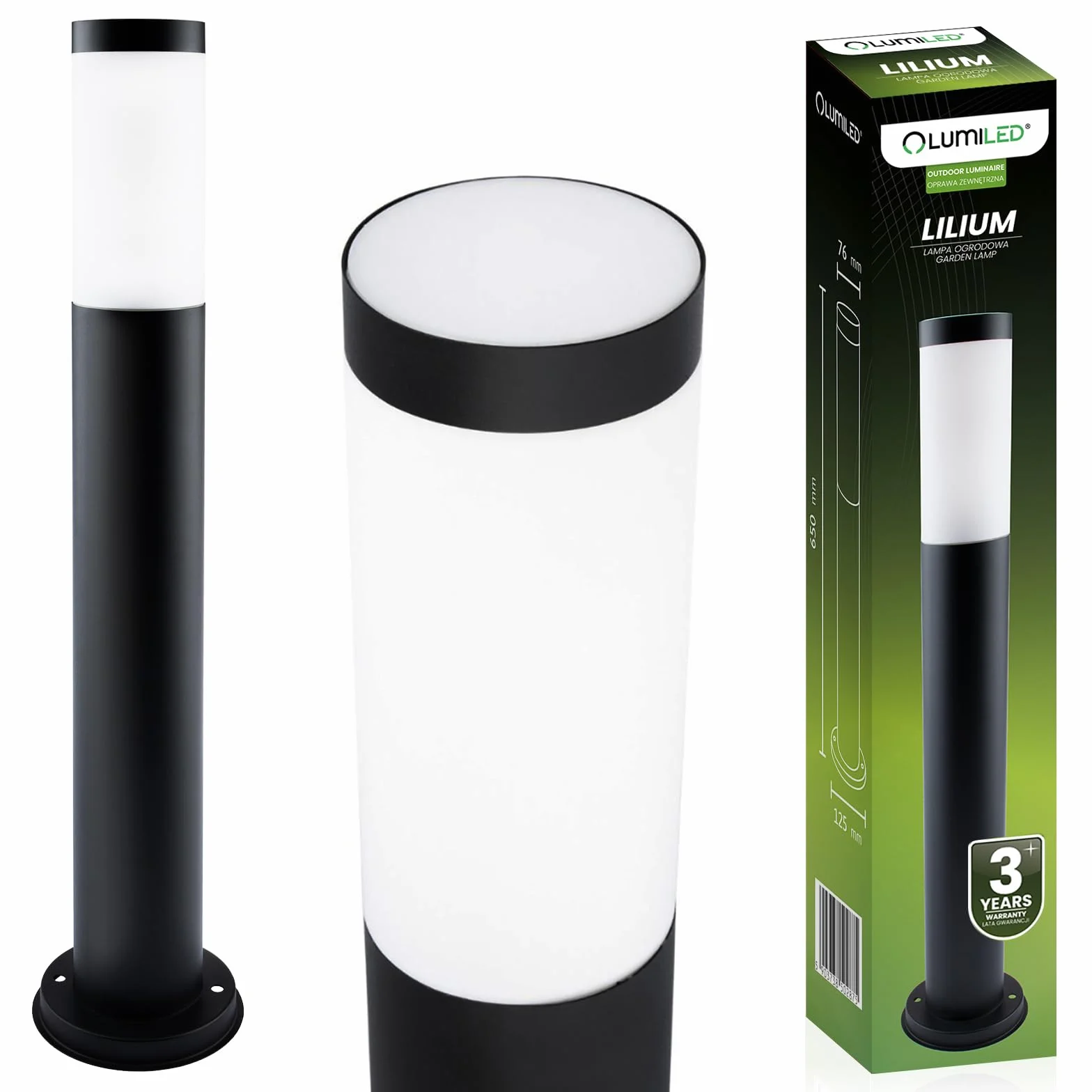 Lumiled Lampa zewnętrzna na ścieżkę, lampa cokołowa, zewnętrzna, lampa stojąca, lampa ogrodowa, lampa stojąca, 65 cm, IP44, czarna, stal nierdzewna, E27, oprawa, lampa słupkowa