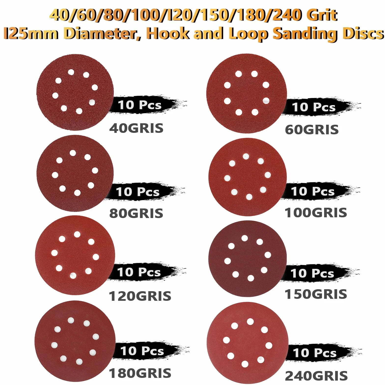 80 sztuk papieru ściernego o średnicy 125 mm z rzepem, 8 otworów, dostępne w różnych granulacjach, do szlifierki ekscentrycznej o średnicy 125 mm, 10x 40/60/80/100/120/150/180/240 ziarnistość