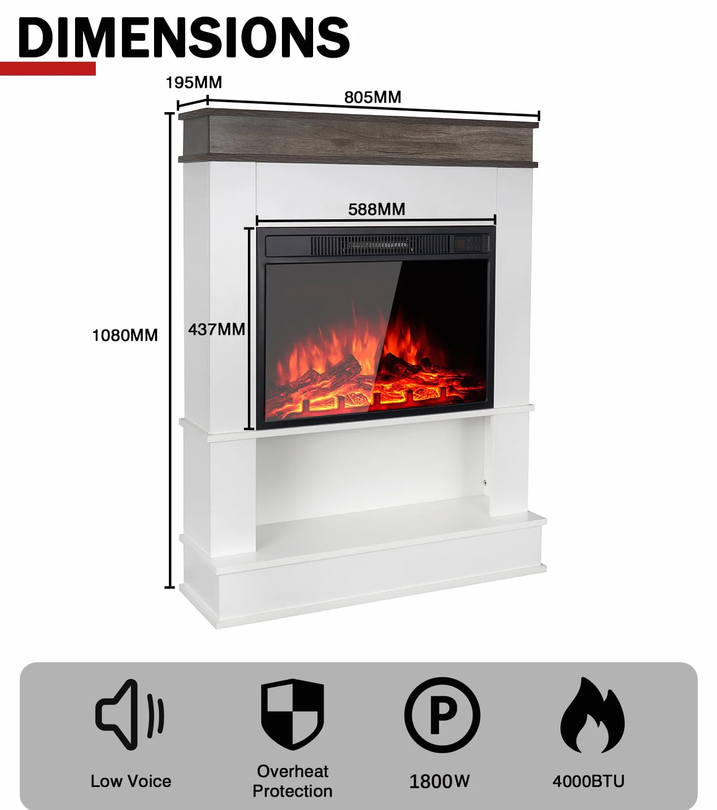 M.C.Haus kominek elektryczny z półką kominkową, 23”/58cm kominek wbudowany, regulowana temperatura i efekt płomienia, otwarta półka i blat, kominek w drewnie inżynieryjnym, rustykalny dąb i biały…