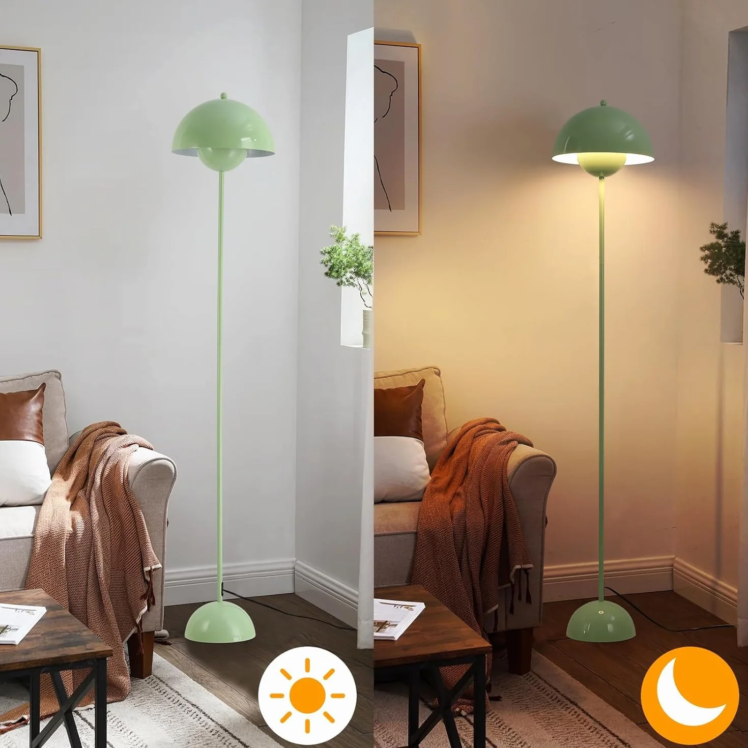 Alpinaluz SHAROM lampa stojąca z zielonej stali z parabolicznym kloszem inspirowana klasykami nordyckiego wzornictwa, idealna do salonu i jadalni, oprawka E27