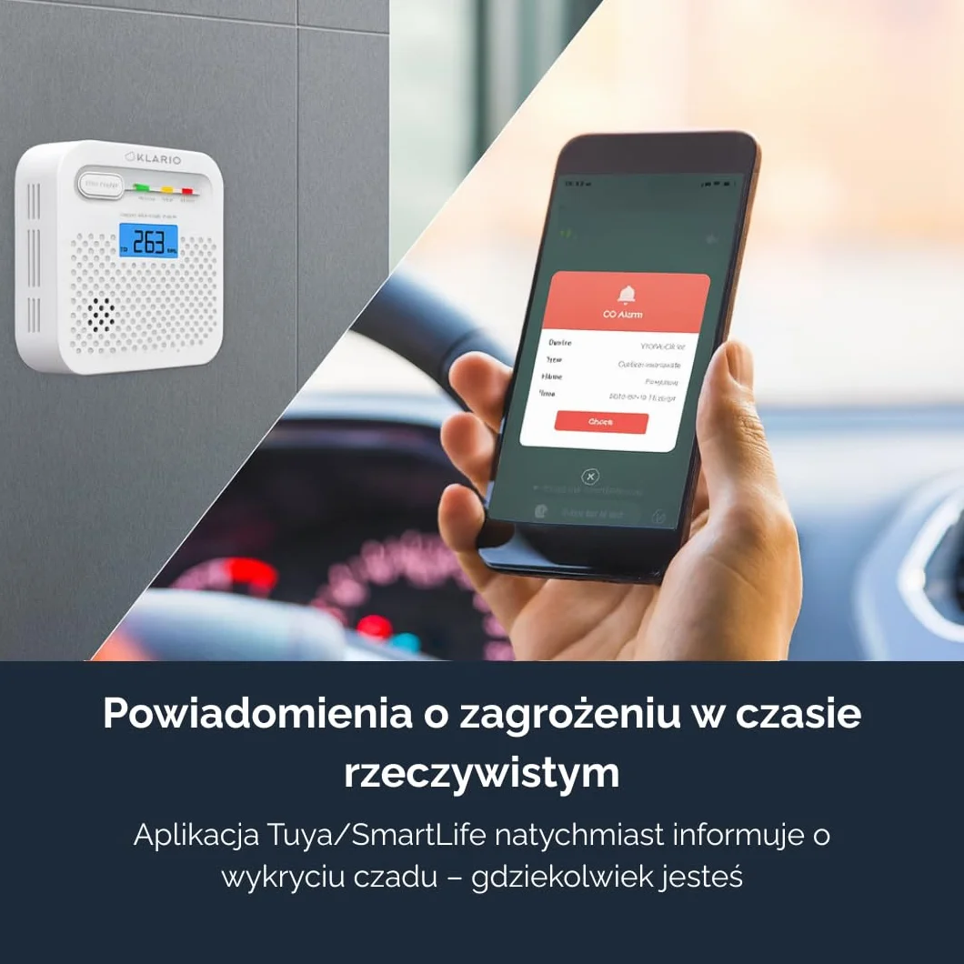 Klario Czujnik Czadu CO WiFi Tuya SmartLife Detektor Tlenku Węgla 85 dB LCD Bateria 10 lat EN50291