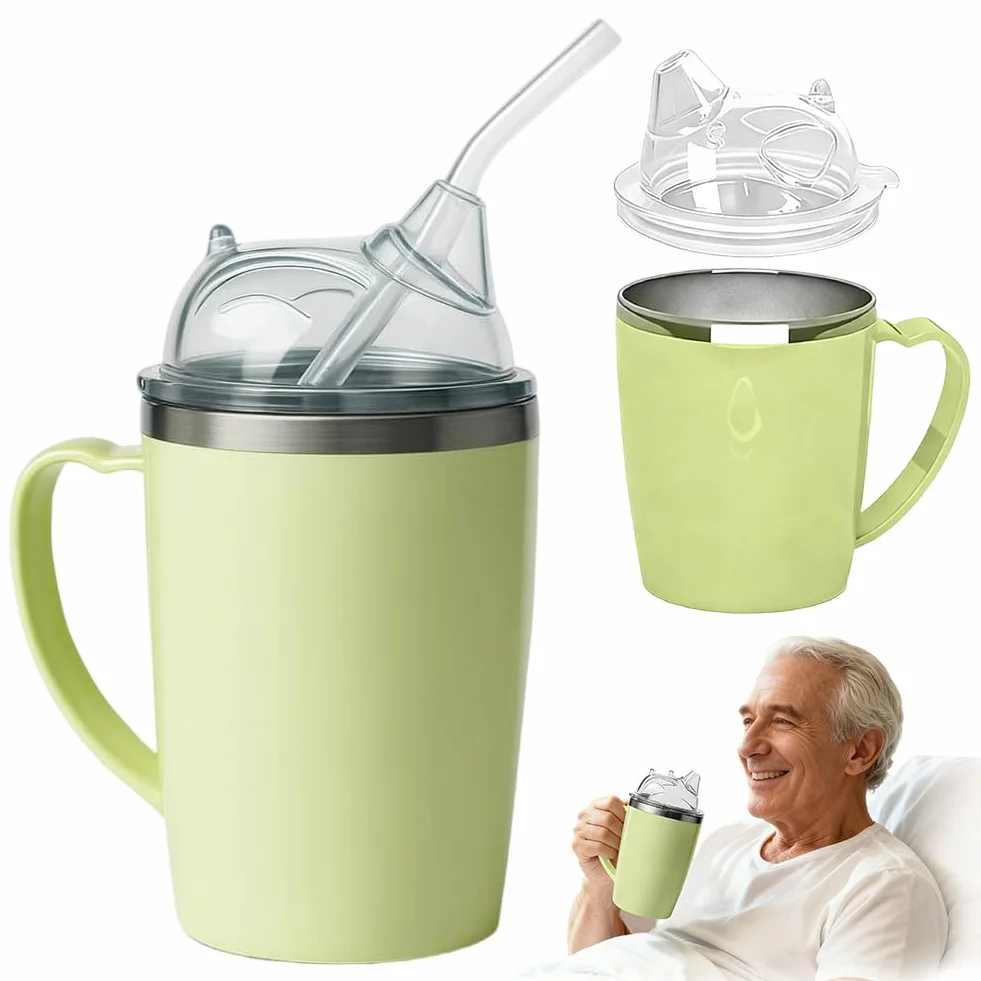 FARYODI Kubek z dzióbkiem 3 w 1, dla seniorów, 350 ml, z uchwytem i słomką 30 cm, dla dorosłych z niepełnosprawnością, kobiet w ciąży i osób starszych