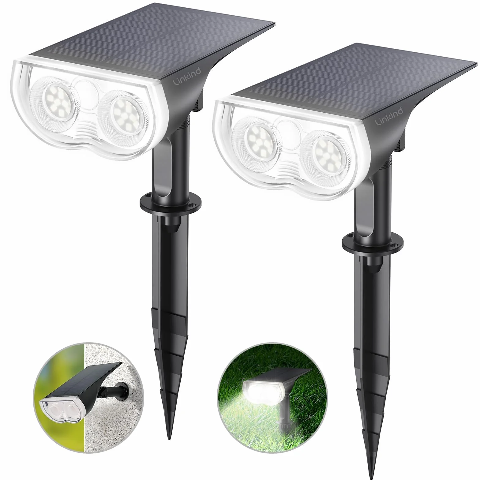 Linkind solarne reflektory krajobrazowe, 16 LED, praca od zmierzchu do świtu, 6500 K, solarne zewnętrzne światła ogrodowe, naturalna biel, IP67, wodoodporne lampy ścienne do ogrodu, podjazdu, chodnika, na ganek, 2-pak
