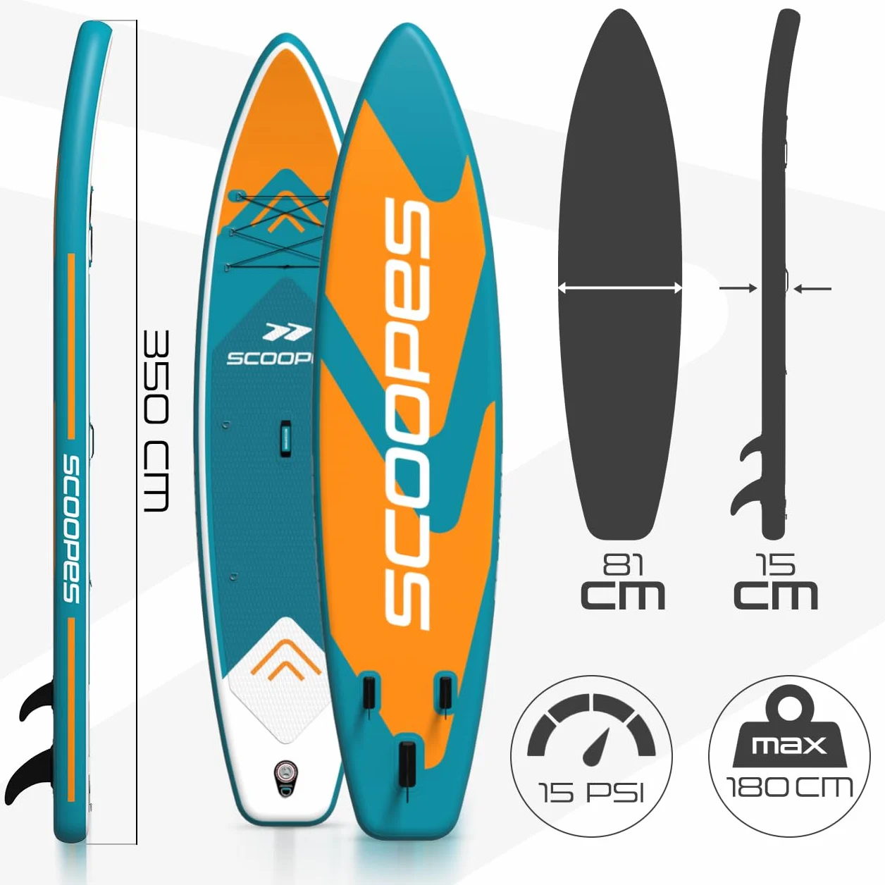 SCOOPES Deska Sup z Akcesoriami, Wiosło, Fotel, Pompka, Torba transportowa, Etui wodoodporne na telefon. Nadmuchiwana Deska o Doskonałej Stabilności I 305 x 81 x 15 cm