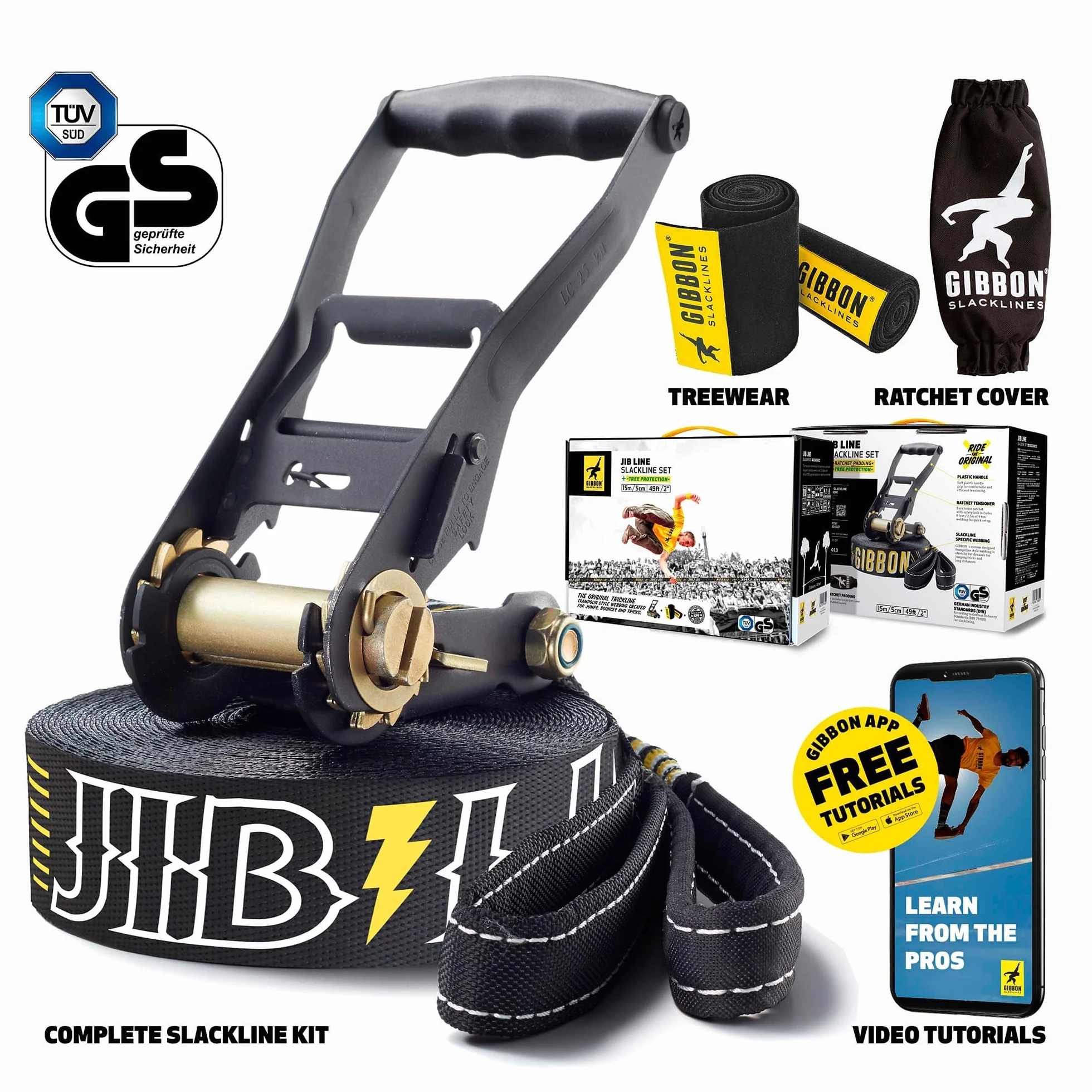 GIBBON JibLine Slackline with TreeWear - Jumpline & Trickline 15 m Slack Line - Linia 12,5 m x 5 cm i pasek zapadkowy 2,4 m ze wzmocnioną pętlą