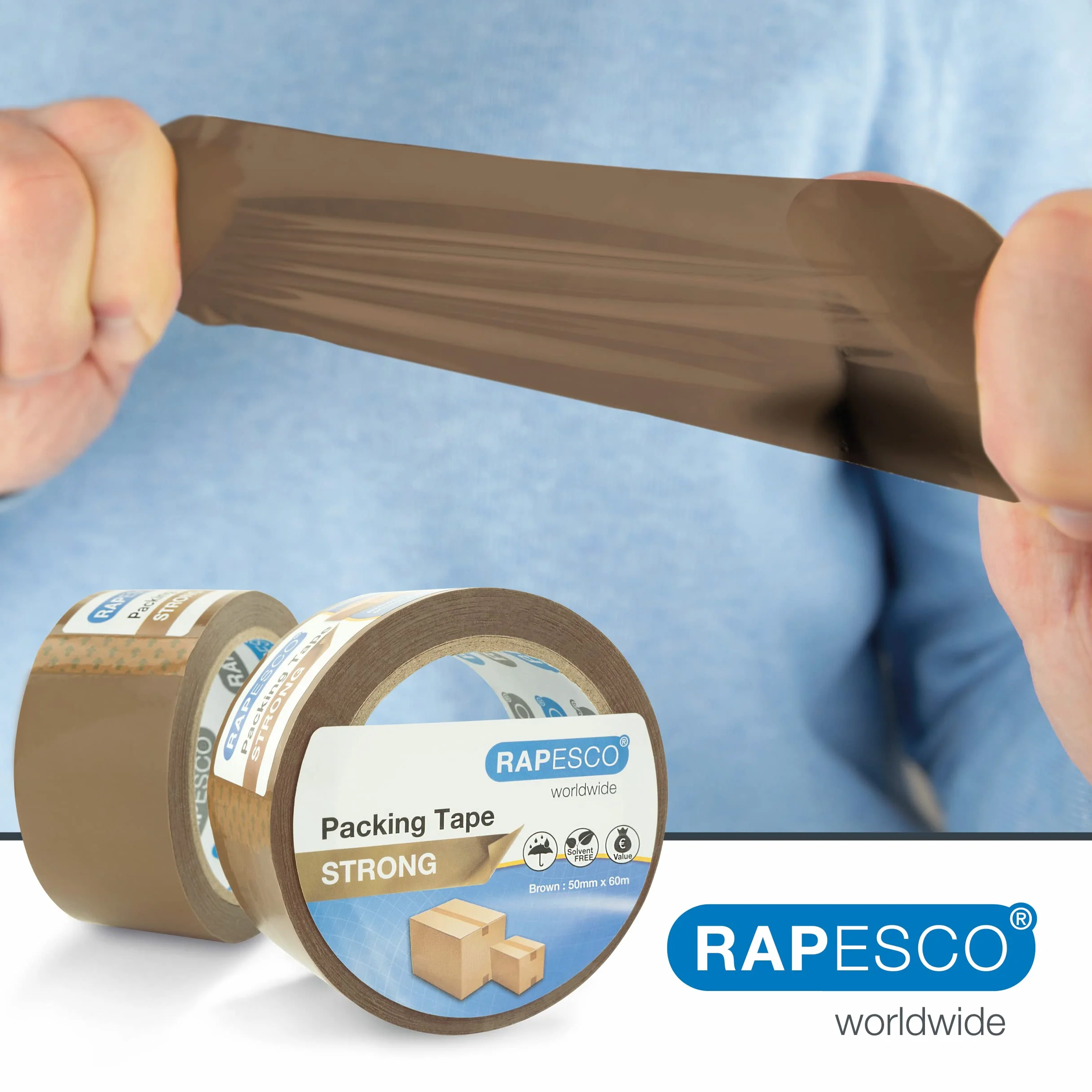 Rapesco 1696 Mocna Taśma Pakowa Klejąca 50 mm x 60 m, Brązowa, 2 Sztuki