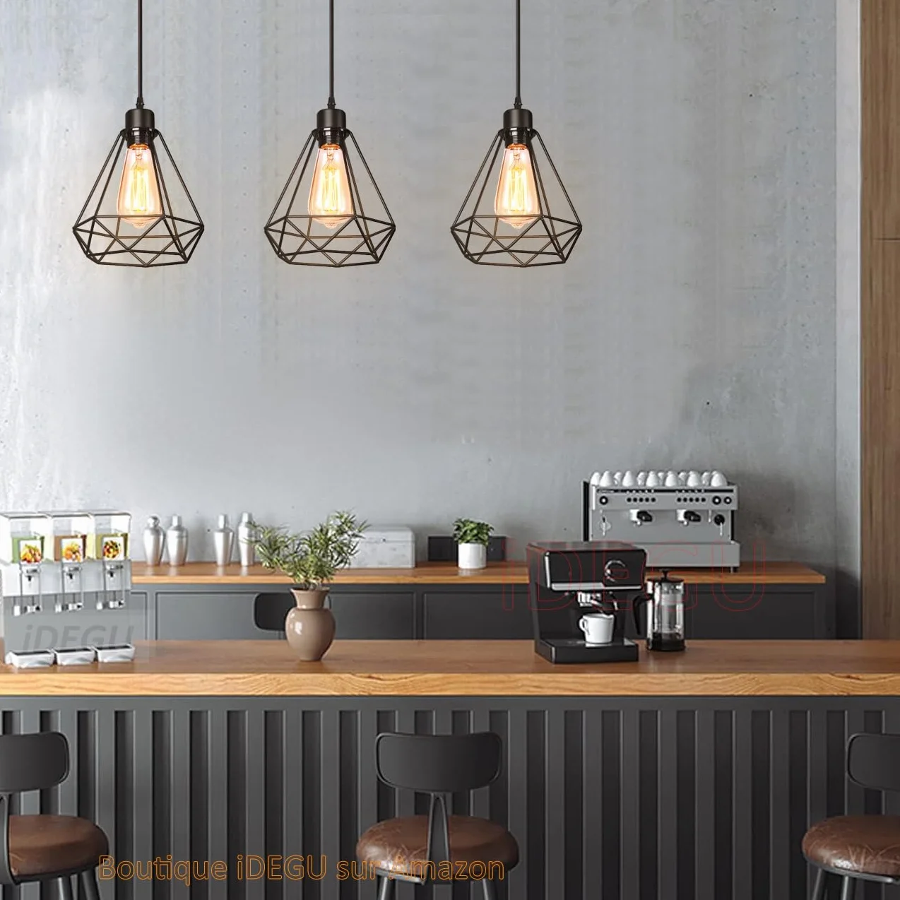 iDEGU Przemysłowa lampa wisząca, 3 światła Vintage E27 żyrandol wiszący w stylu geometrycznym z podstawą montażową - czarny - Ø 20,5 cm (3 światła - 20 cm)