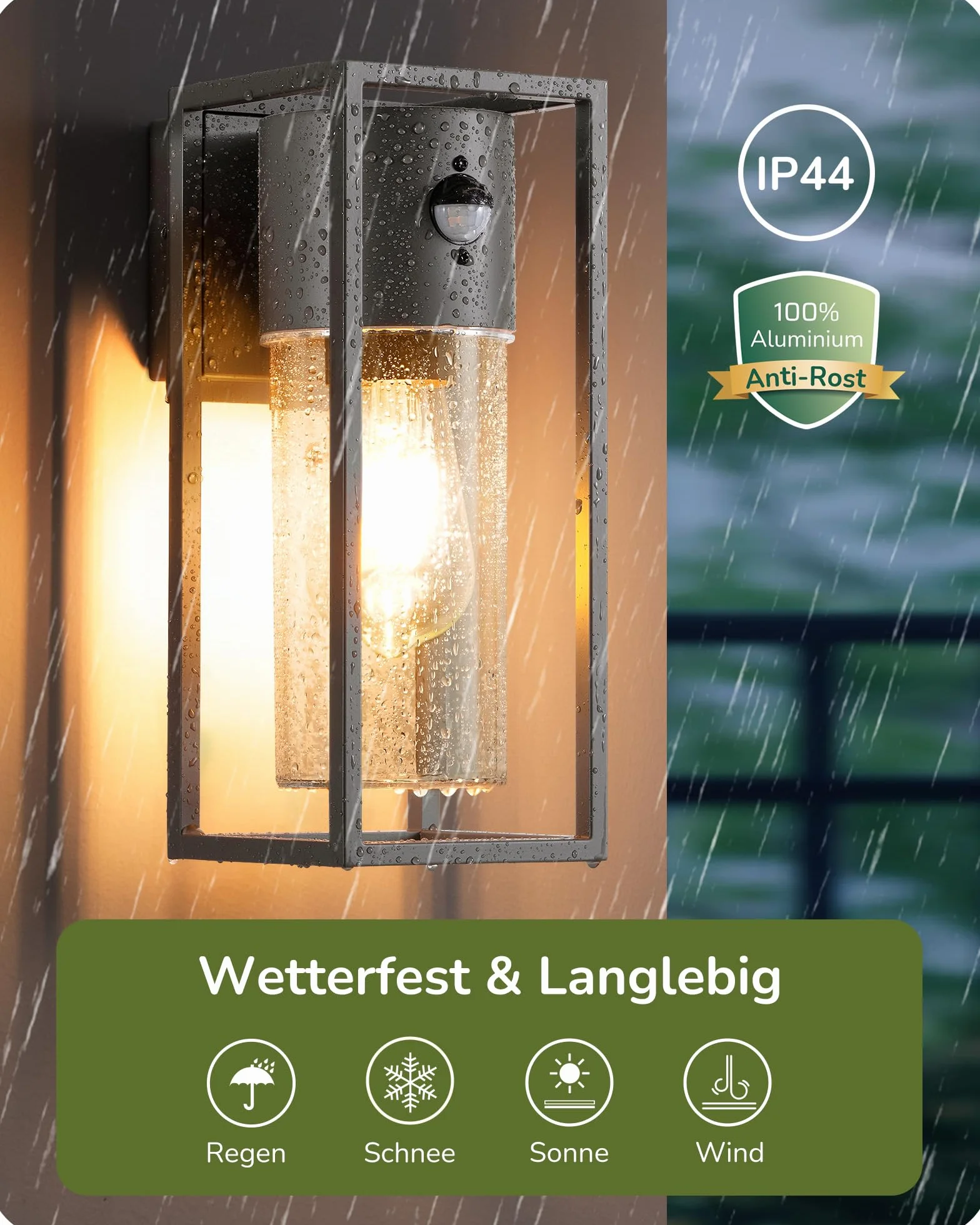 EDISHINE Zewnętrzna lampa ścienna z czujnikiem ruchu, gniazdo E27, wodoodporna IP44, lampa ścienna z aluminium i szkła hartowanego do ogrodu, na taras, fasadę, żarówki nie są dołączone, antracytowa