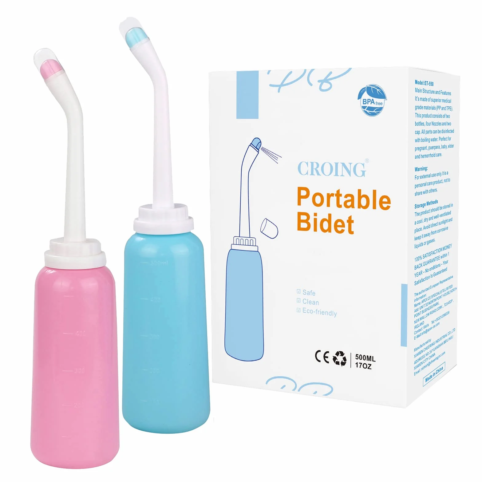 CROING Przenośny bidet, 2 szt., butelka do spryskiwania, 500 ml, przenośna bidet pod prysznic, dla dorosłych kobiet, pielęgnacja poporodowa, hemoroidy