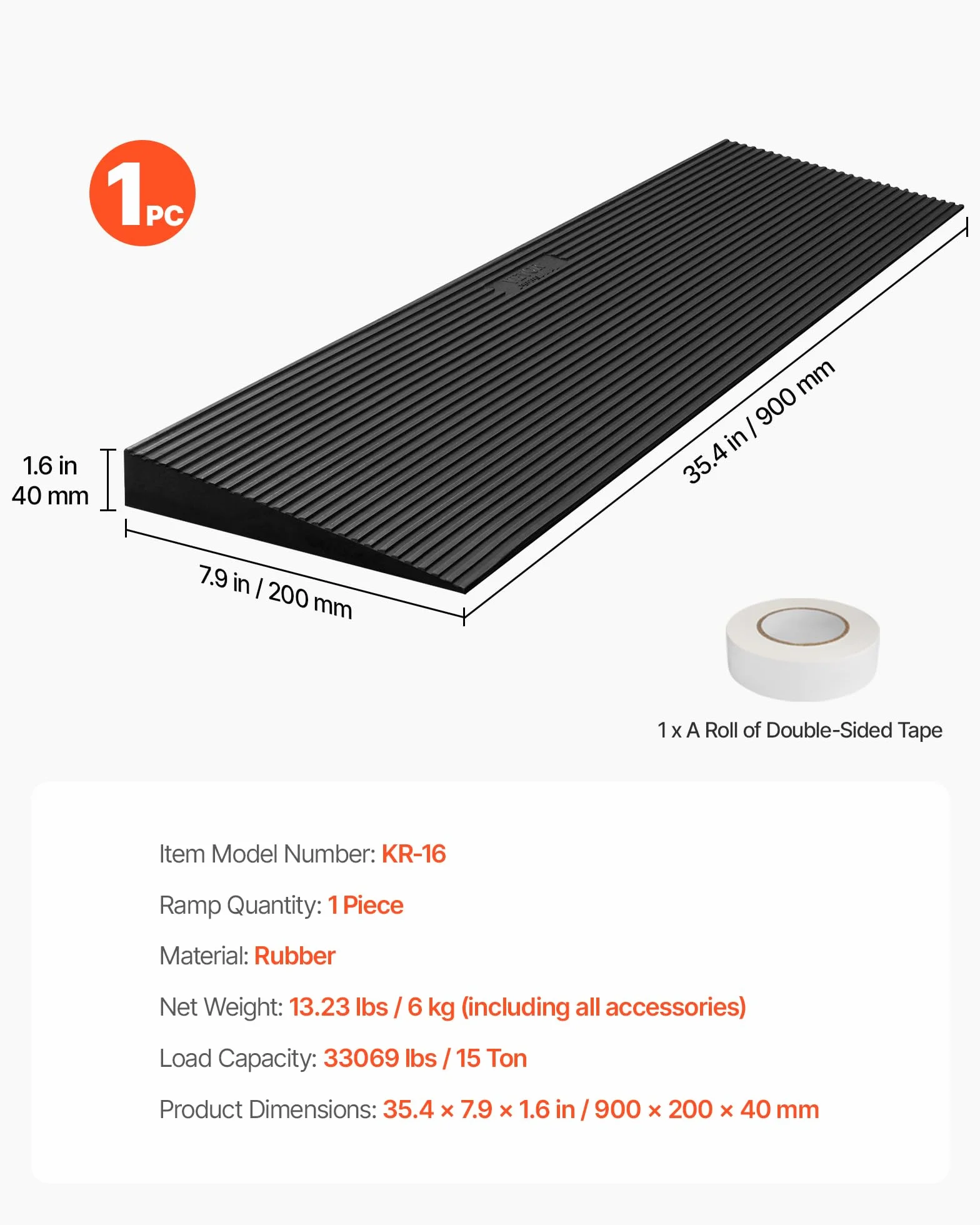 VEVOR Rampa progowa wysokość 4 cm rampa do cięcia gumy, obciążenie 15 t, rampa dostępu do wózków inwalidzkich, szerokość 90 cm, antypoślizgowa, dwustronna taśma samoprzylepna do drzwi łazienkowych