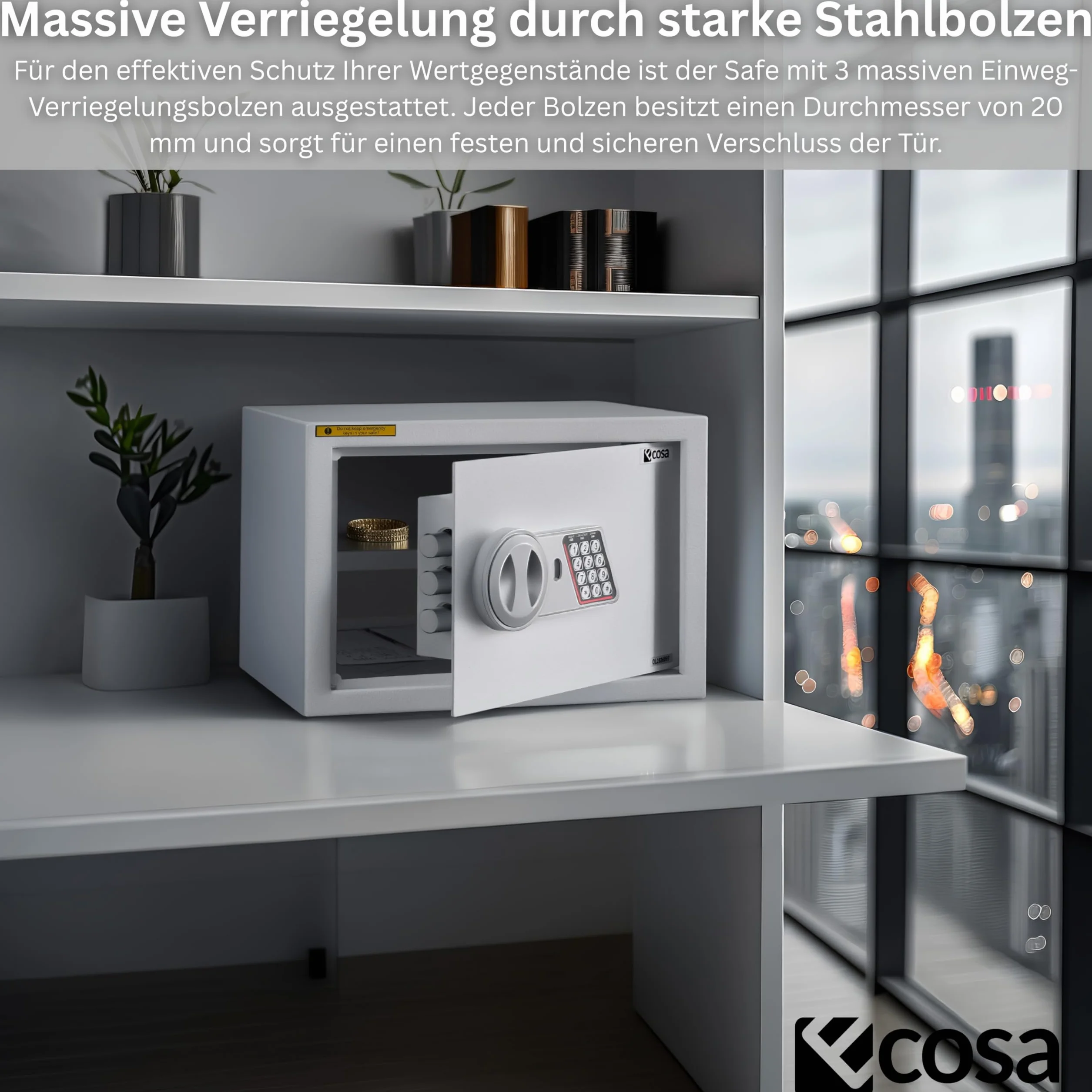 Ecosa Elektroniczny sejf 35 x 25 x 25 cm – sejf meblowy i sejf ścienny z kodem numerycznym i kluczem, sejf hotelowy do domu, 3-krotna, bardzo gruba podwójna blokada bolca, ognioodporny, wodoszczelny