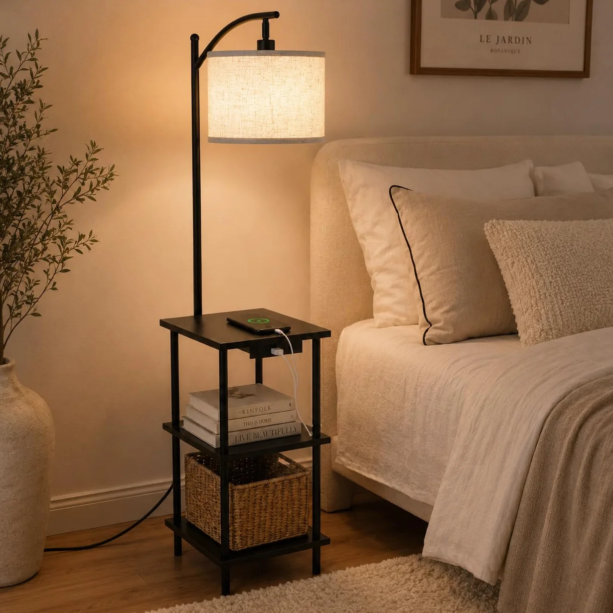 Lampa podłogowa z 3-poziomową półką, porty ładowania USB typu C do salonu, sypialni i biura, bez żarówki, brązowa