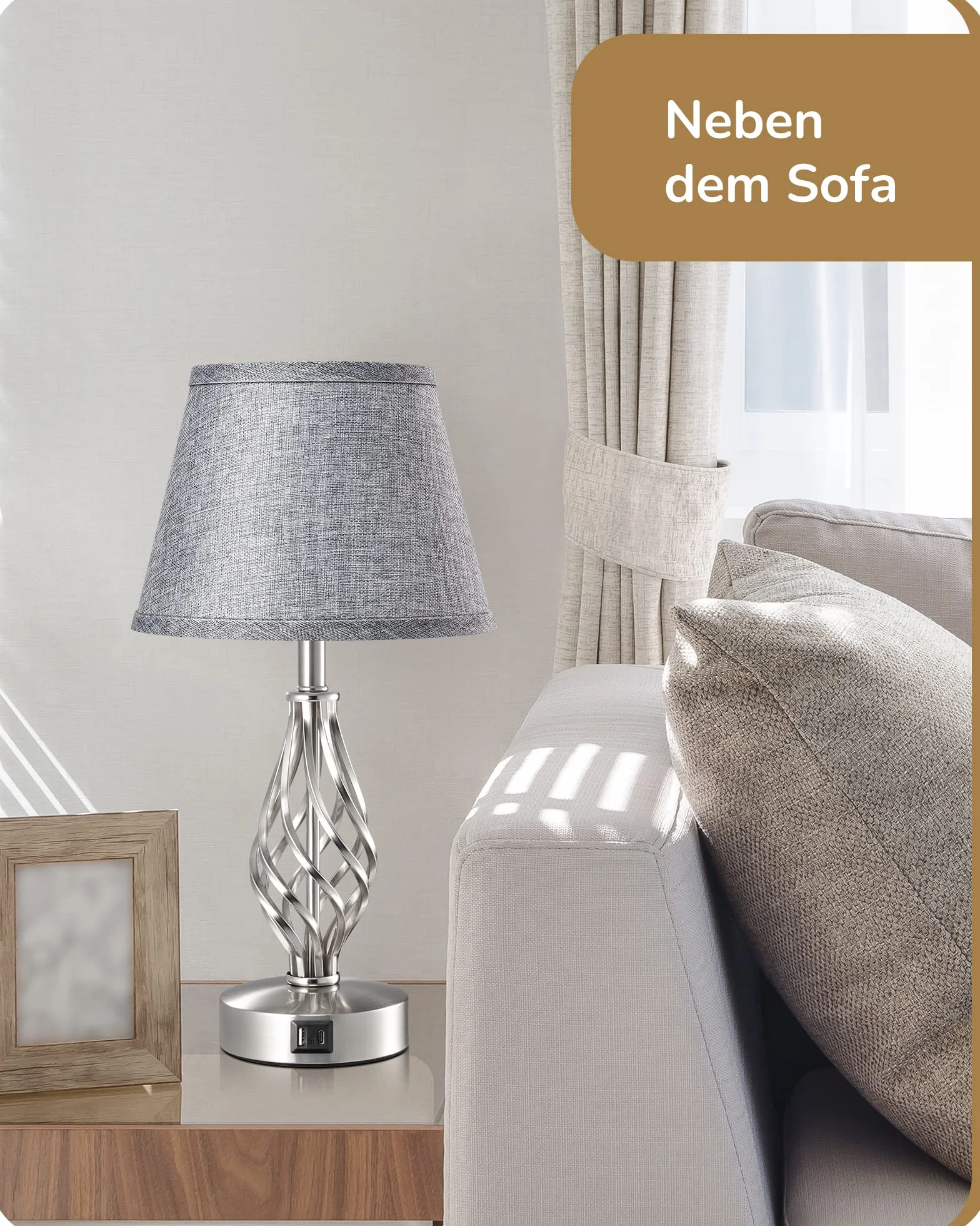 EDISHINE Lampka nocna LED, dotykowa, ściemniana, zestaw 2 szt., nowoczesna lampa stołowa z funkcją ładowania, 2 porty USB, do dekoracji sypialni, salonu, na parapet, prezent, abażur lniany, szara