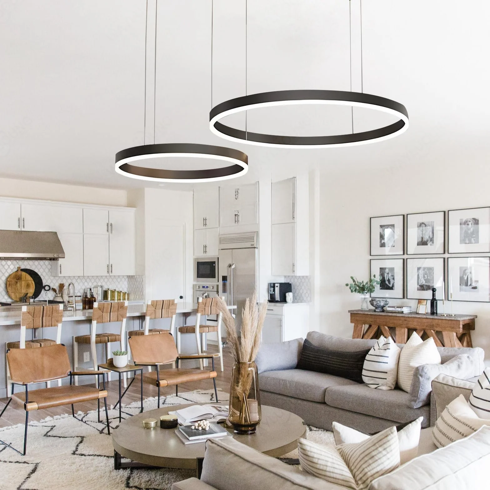 LED Żyrandol Metalowy | 2 Koła 40+60cm | 40W Lampa Wisząca Sufitowa Pierścieniami, Pilot Możliwością ściemniania 3000-6000K Lampa Wisząca Akrylowym Kloszem Sypialnia Przedpokój Czarny