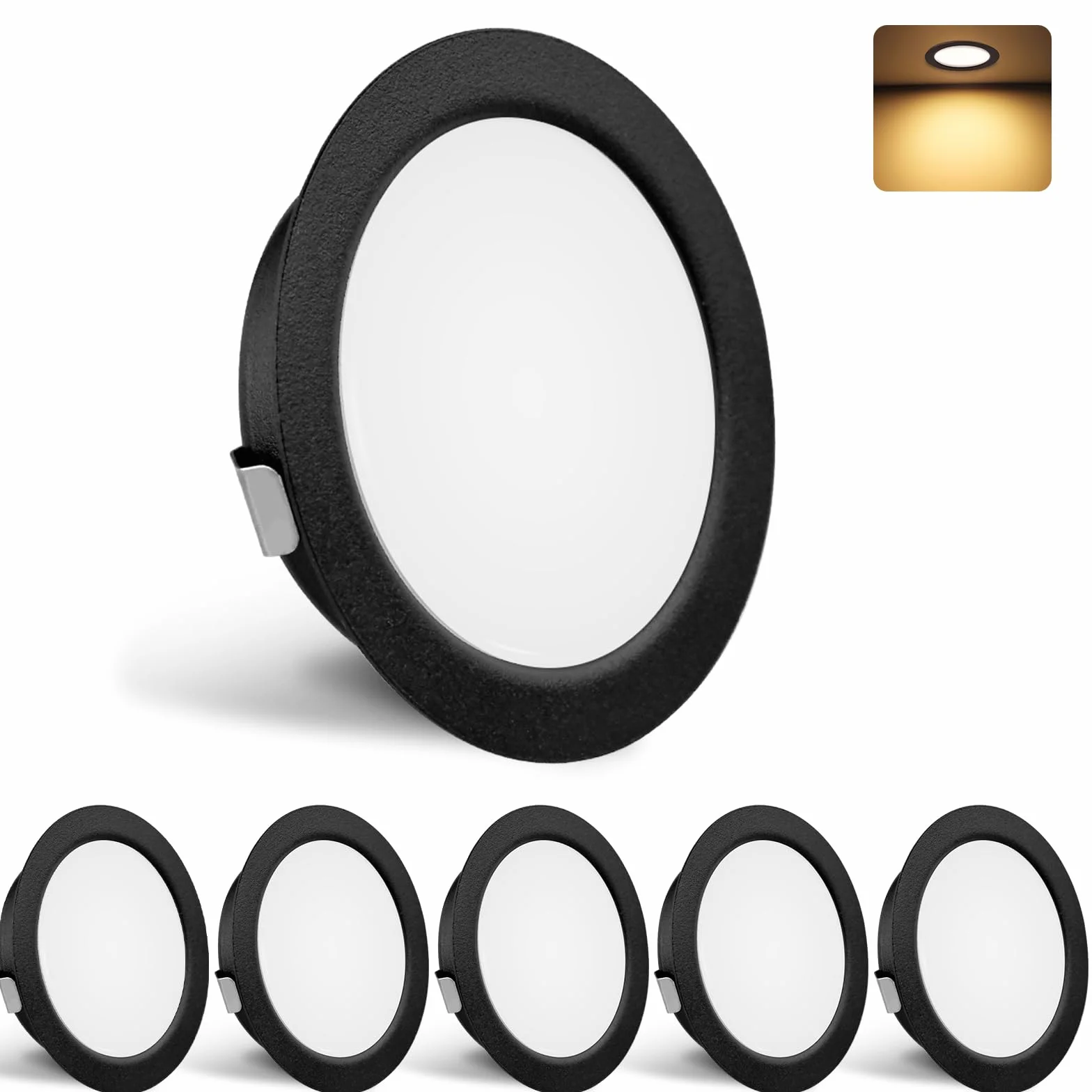YindaLux Zestaw 6 reflektorów LED do zabudowy, 230 V, 3 W, 3000 K, ciepła biel, reflektor LED, ultra płaski, 300 lm, otwór 55-58 mm i 15 mm, płaski, IP44 lampa do zabudowy meblowej LED do szafki z