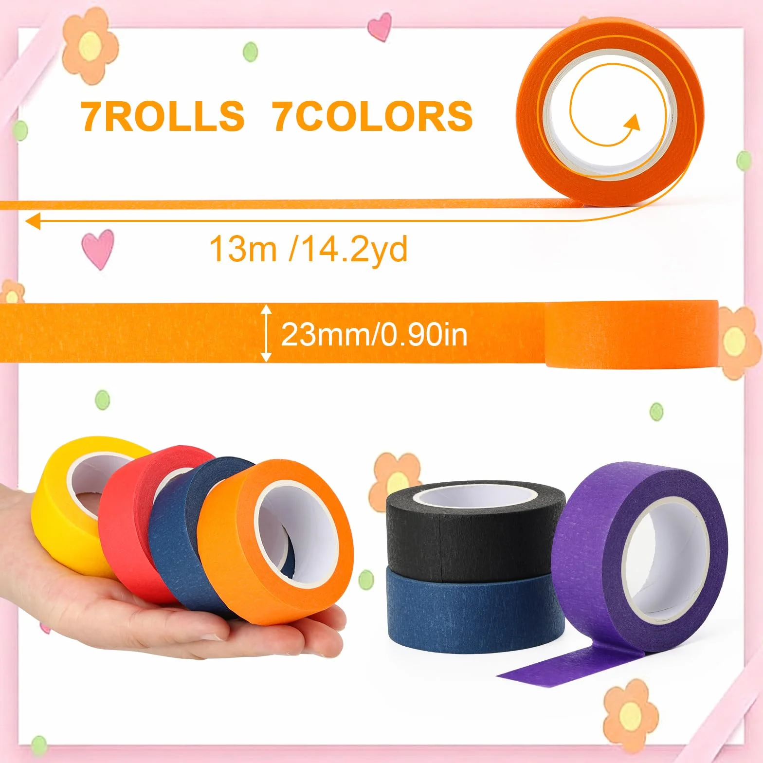 7 rolek taśmy krepowanej, wielokolorowe taśmy klejące, taśma malarska, Washi Tape, taśma maskująca 23mmx13m, klejąca taśma zdjęciowa, do DIY dla dzieci, nauczycieli, laboratorium sztuki
