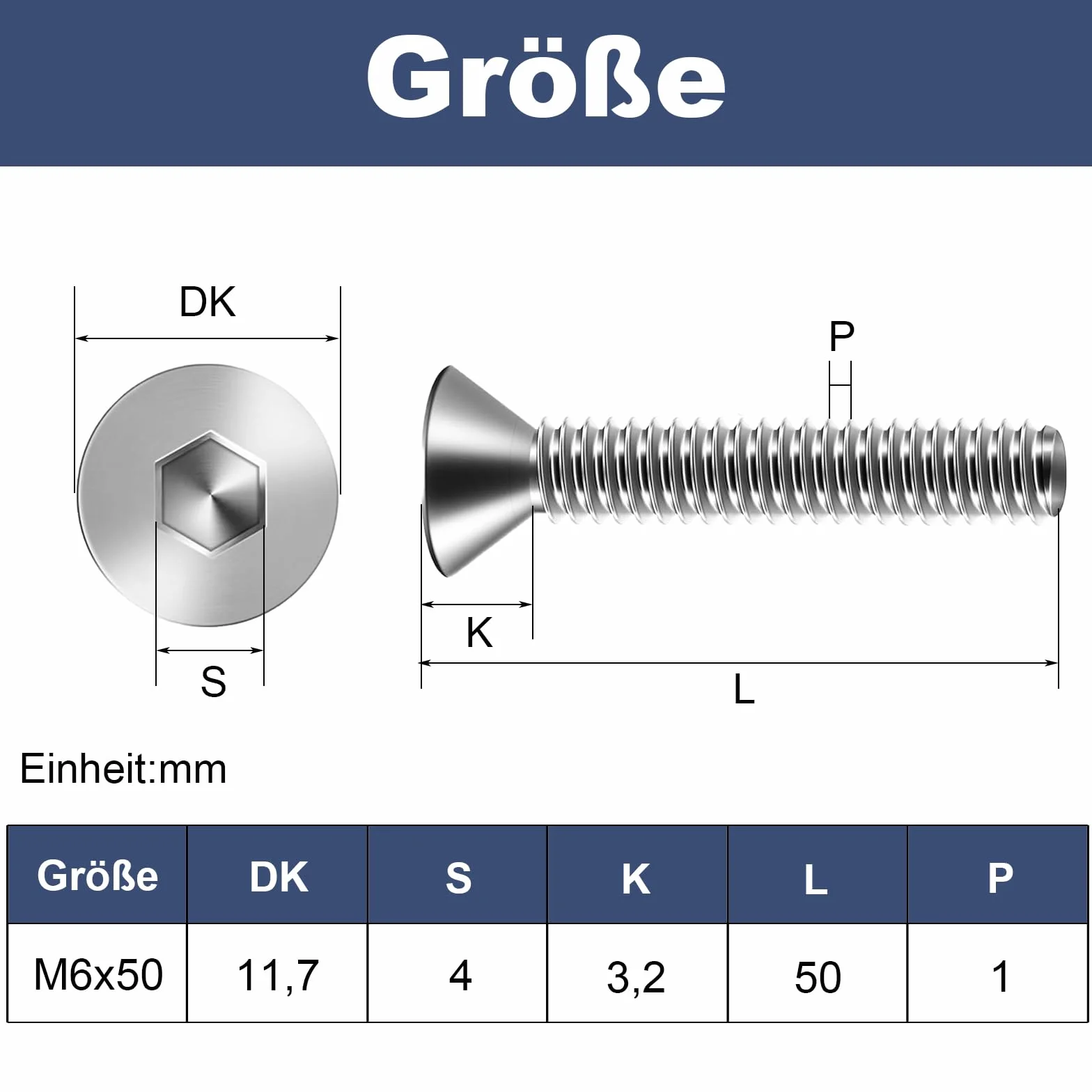10 sztuk śrub z łbem stożkowym M6 x 50 mm z gniazdem sześciokątnym wewnętrznym, stal nierdzewna A2 V2A, pełny gwint z kluczami sześciokątnymi wewnętrznymi