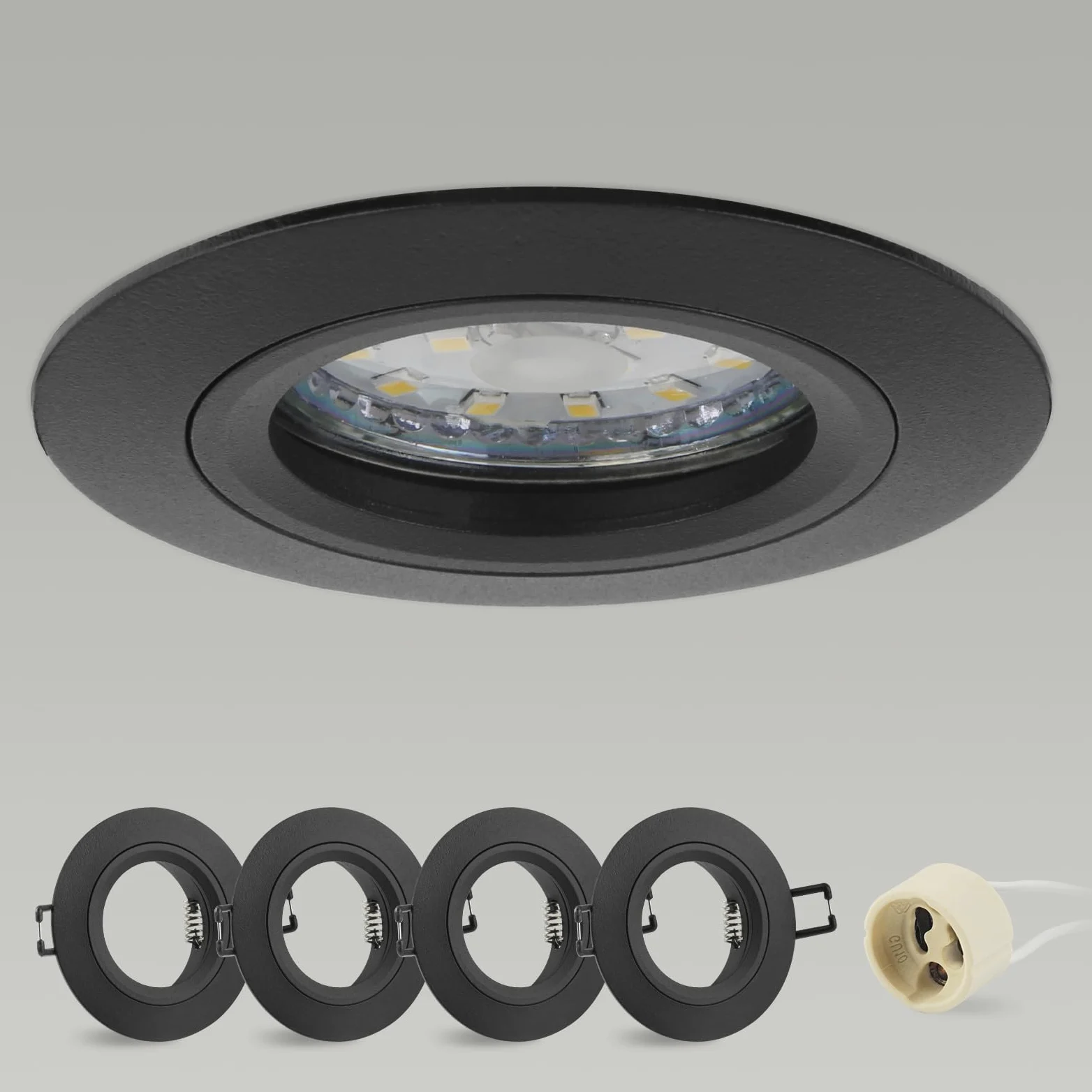 4x Reflektor wpuszczany GU10 aluminium, czarny uchwyt wpuszczany reflektor rama montażowa z gniazdem GU10, okrągły reflektor sufitowy 68 mm ekstra płaski do lamp LED, otwór montażowy ø60