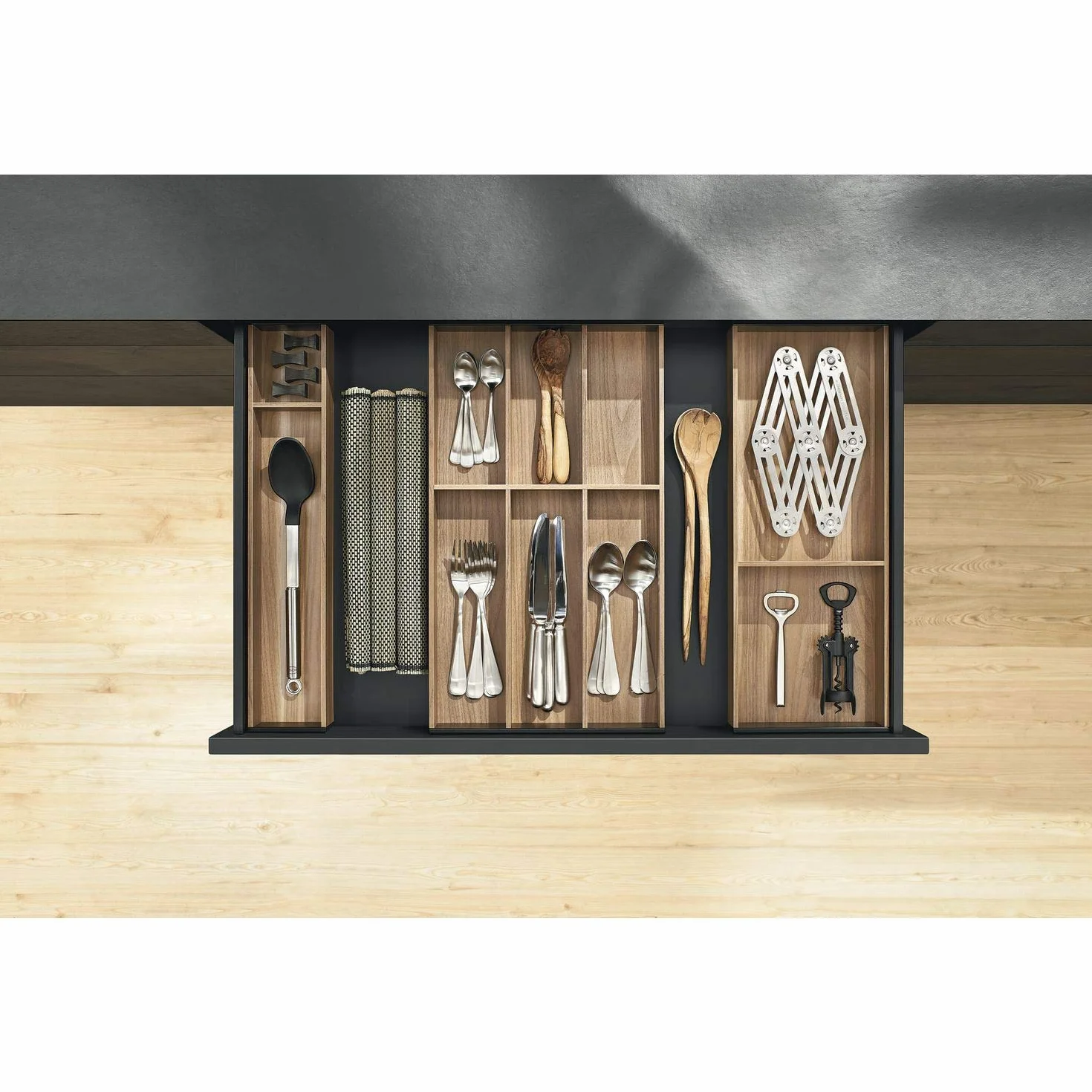 blum AMBIA-LINE organizer szuflady w premium dekorze drewna | idealny kuchnia, łazienka, garderoba | użycie modułowe i pewne trzymanie dzięki nóżkom antypoślizgowym | 42×10×5 cm | Dąb Nebraska