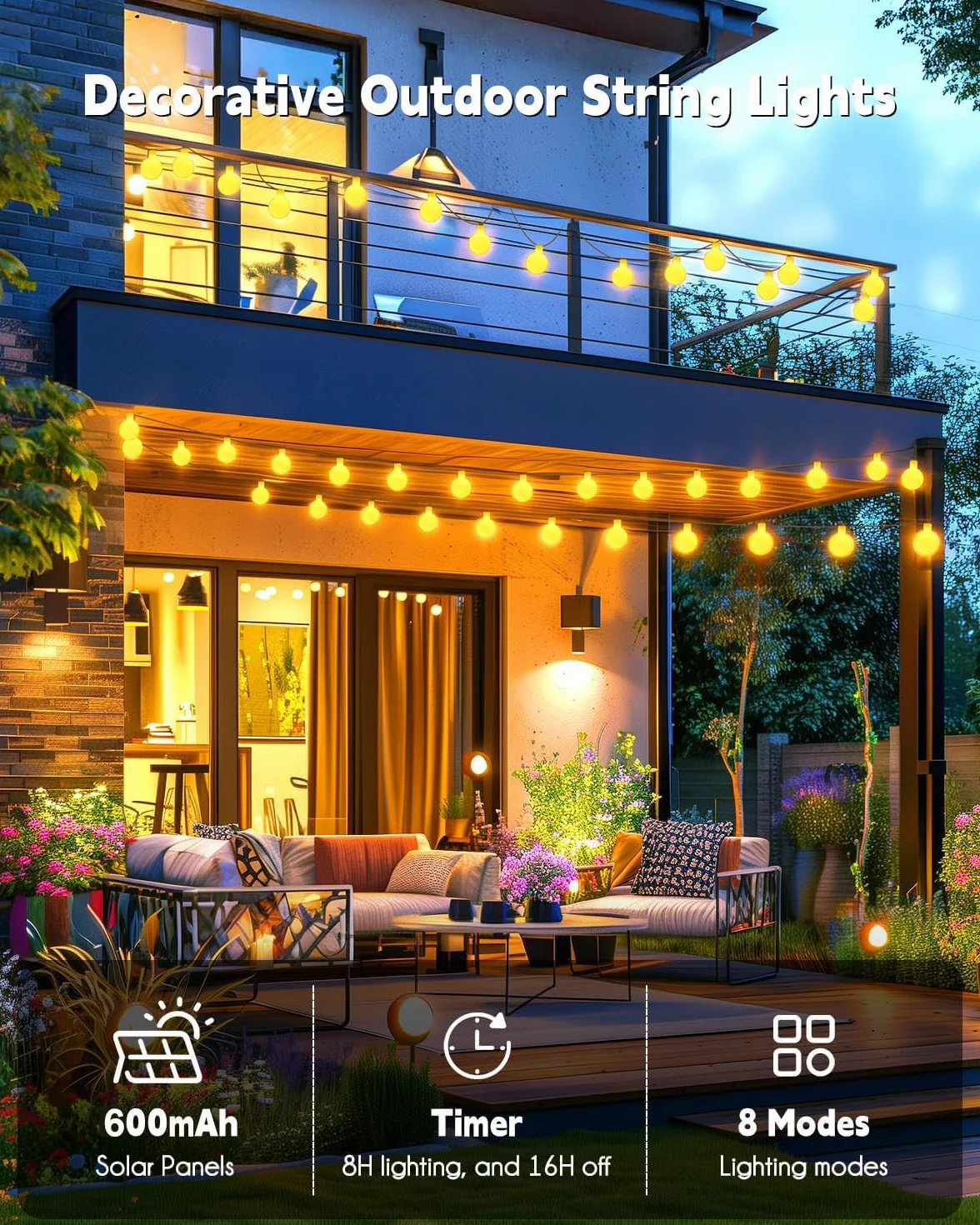 Solarne lampy ogrodowe na zewnątrz, 12 m, 100 diod LED, łańcuch świetlny z 8 trybami, dekoracja na podwórko, kemping, pawilon, imprezę, wesele, werandę, ciepła biel