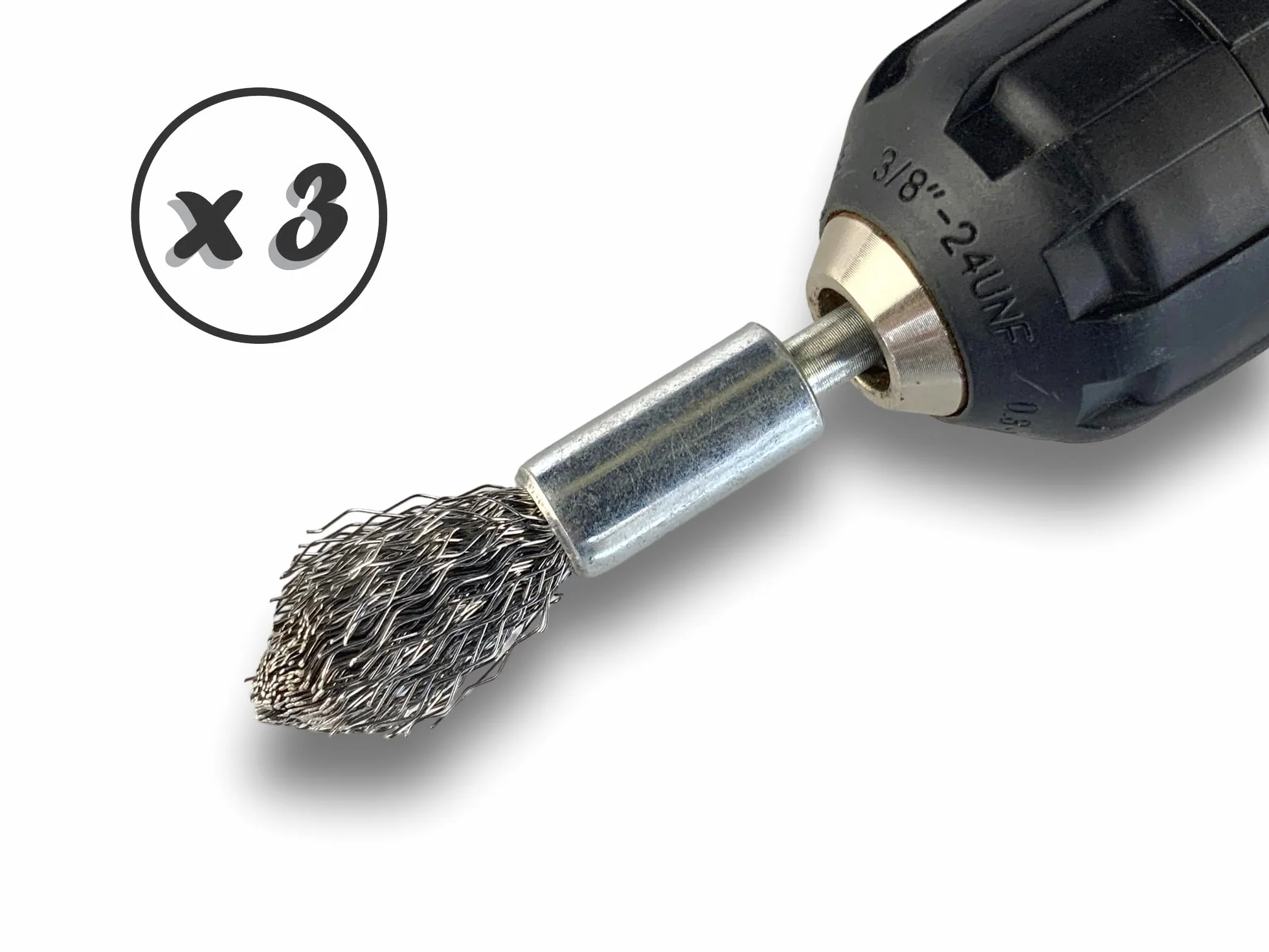 KIBROS 20TC12Px3 zestaw 3 szczotek drucianych ze spiczastym końcem na trzonku | Ø 12 mm | stal twarda 0,40 mm | kształt końcówki | do wiertarki lub wiertarko-wkrętarki | szczotkowanie i bejcowanie |