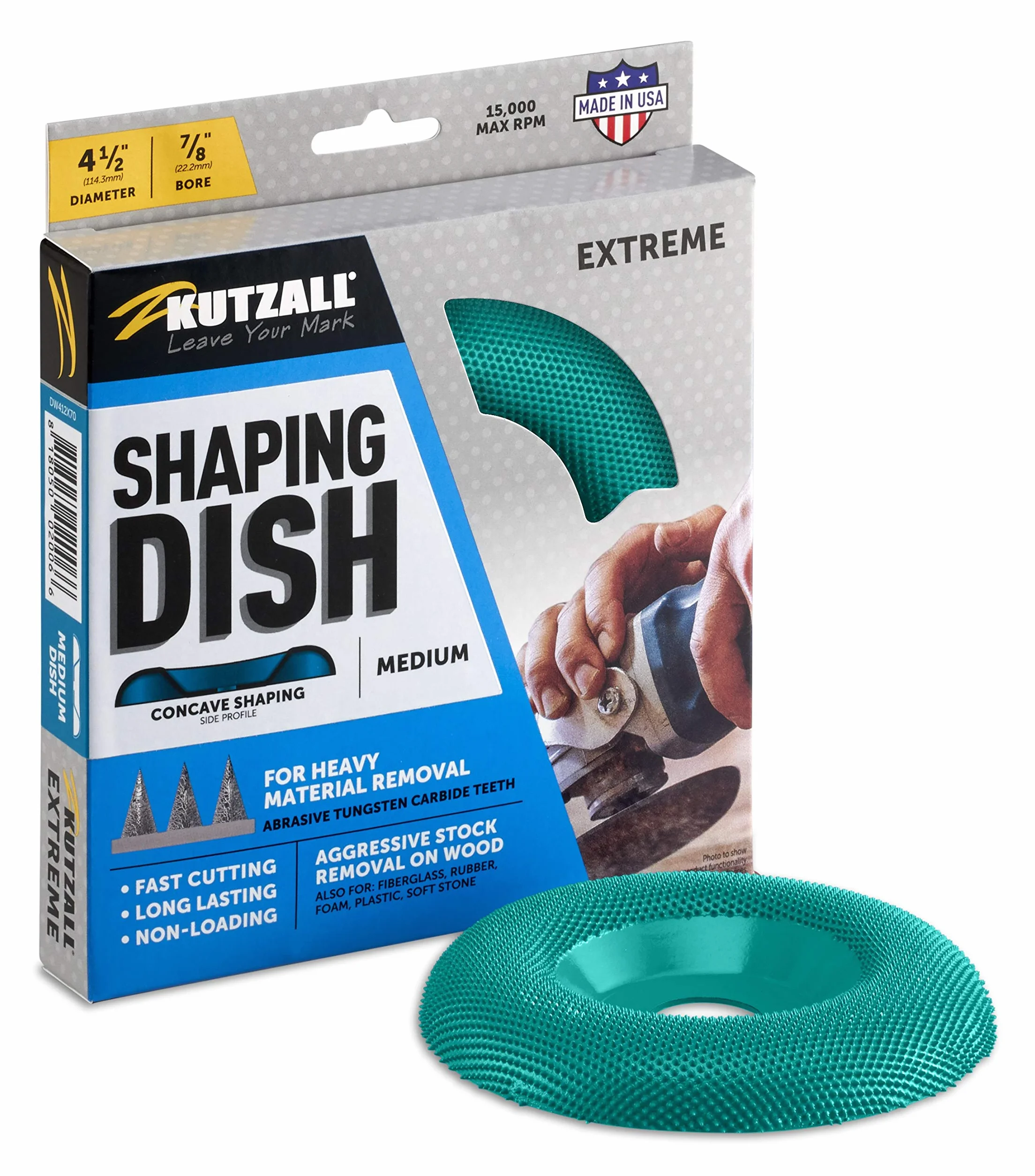 Kutzall Extreme Shaping Dish - Medium, 4-1⁄2" (114.3mm) Dia. X 7⁄8" (22.2mm) Bore - Woodworking Angle Grinder Attachment for DeWalt, Bosch, Milwaukee, Makita. Abrasive Tungsten Carbide, DW412X70